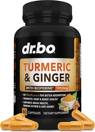 Curcumina de cúrcuma con suplemento BioPerine y jengibre, suplementos de apoyo articular y 1950 mg pastillas orgánicas de extracto de pimienta negra