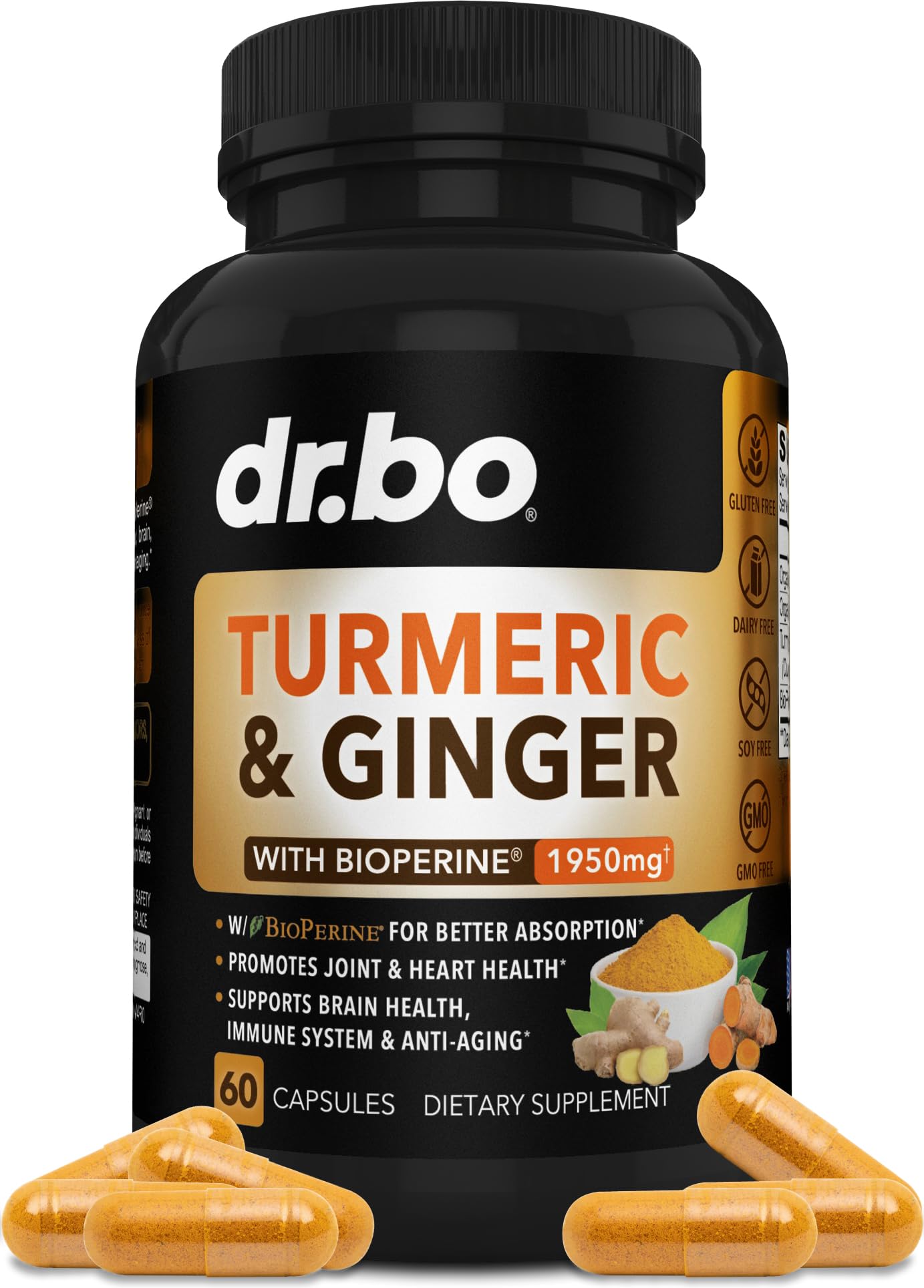 Turmeric Curcumin with BioPerine & Ginger Supplement - 1950mg Organic Tumeric and Curcumin BioPerine Black Pepper Pills - Turmeric and Ginger Supplement 60 Capsules