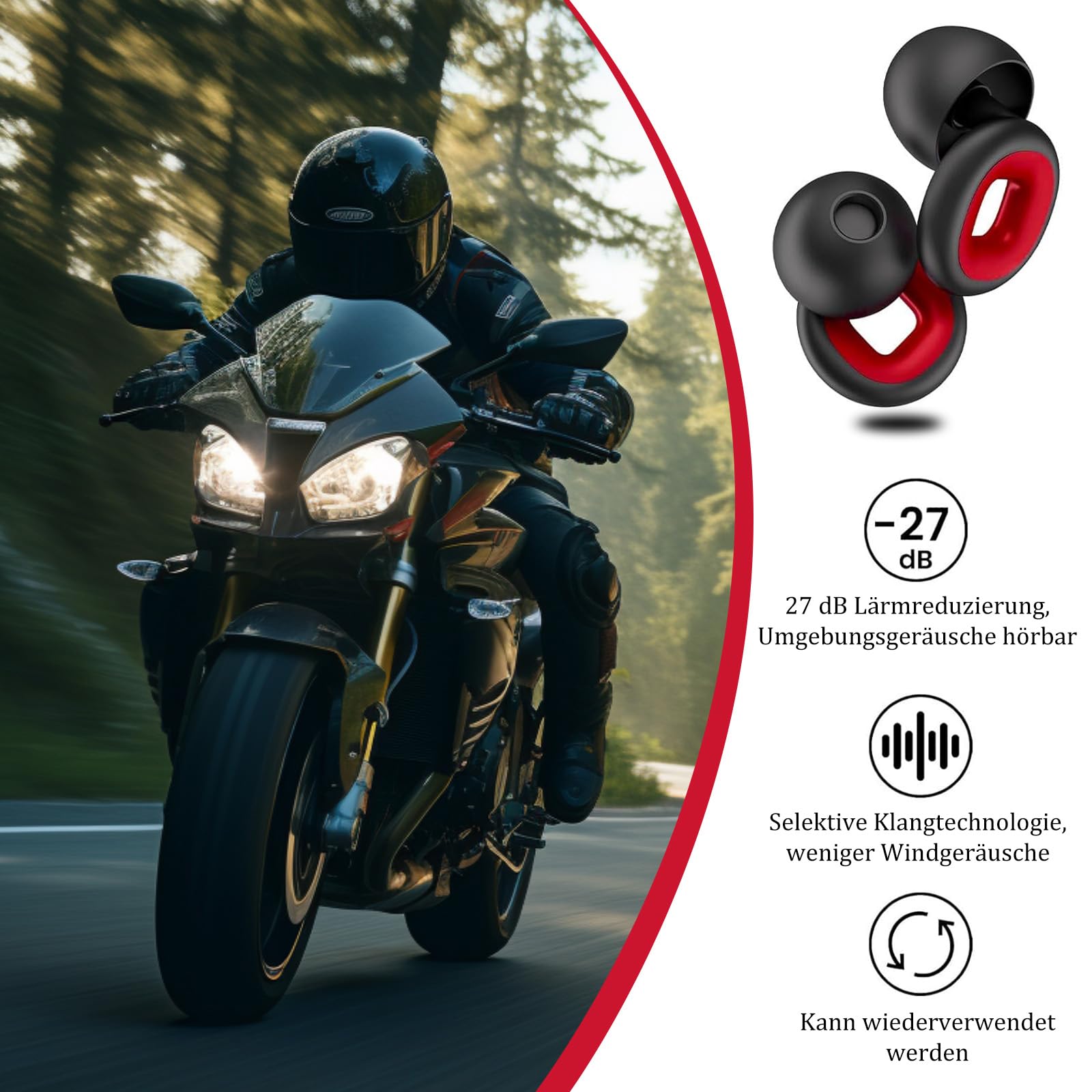 WindStill Moto | Schutz vor Windgeräuschen und Ohrensausen - Schwarz & Rot WindStill Moto | Schutz vor Windgeräuschen und Ohrensausen - Schwarz & Rot