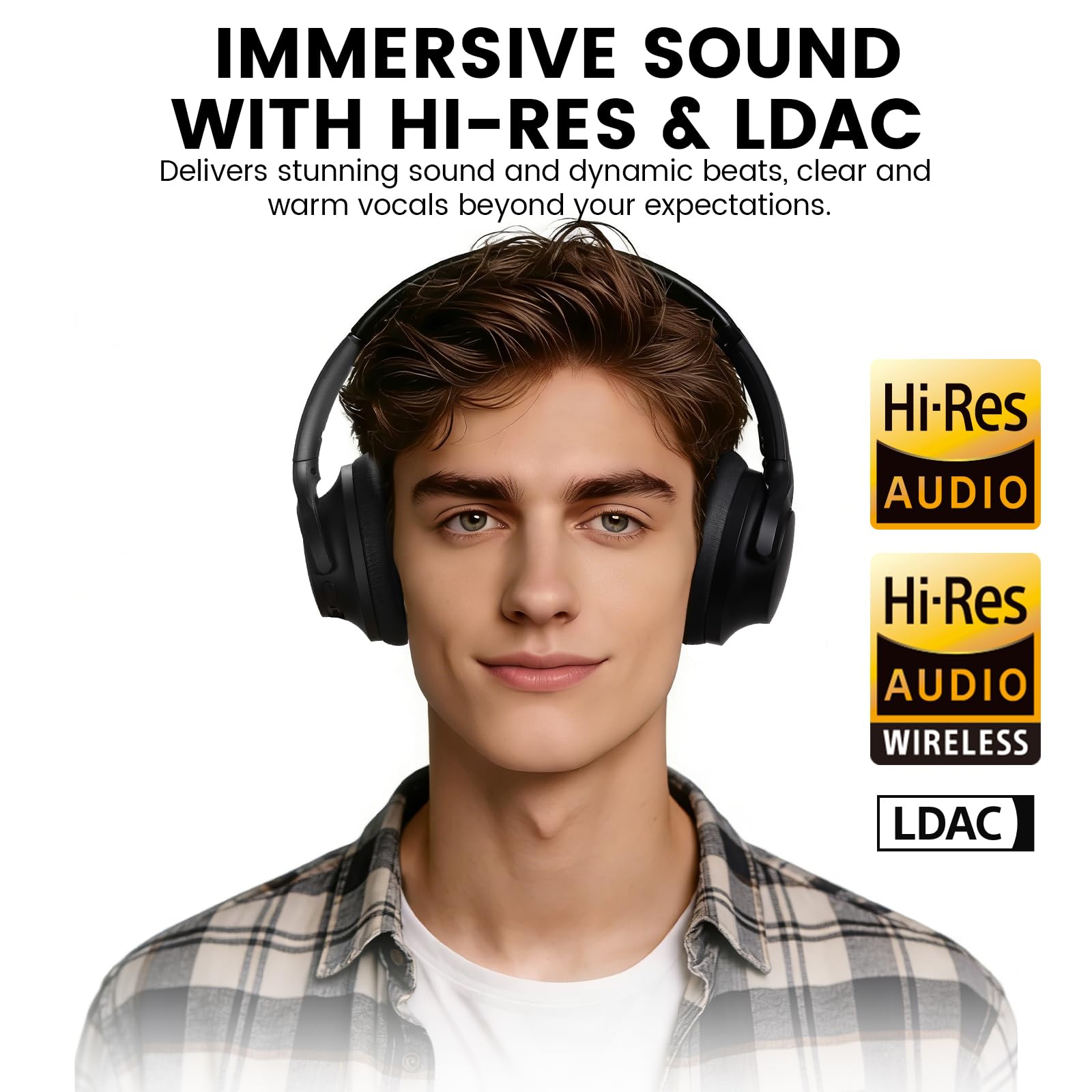 1Mii Y8+ Noise Cancelling Headphones Bluetooth, Wireless LDAC Hi-Res Audio, Custom EQ via App, 75H Playtime, Comfort Fit, Over Ear Headphones Foldable for Airplane Travel Home Office Black