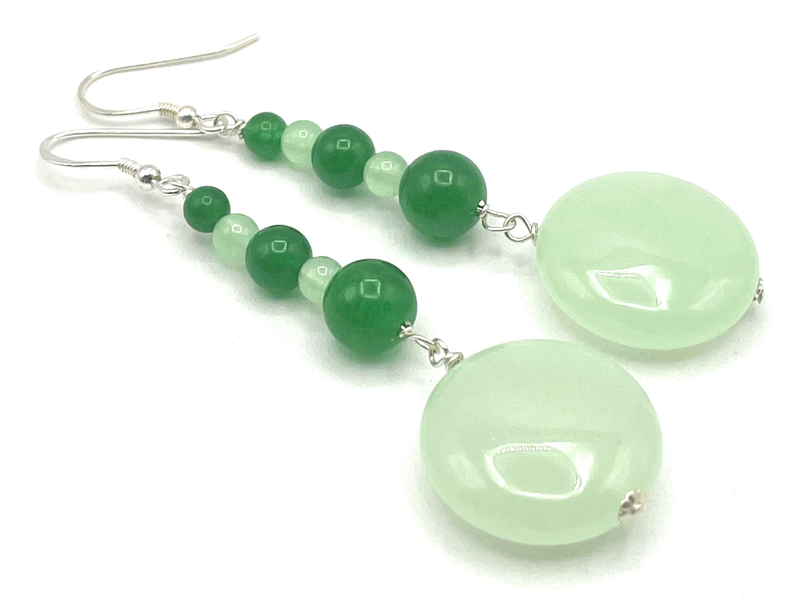 Orecchini Lunghi in Giada Verde Chiaro e Smeraldo, Argento 925 Italiano, Gioielli Pietre Dure, Bijoux Estate, Regalo per Lei