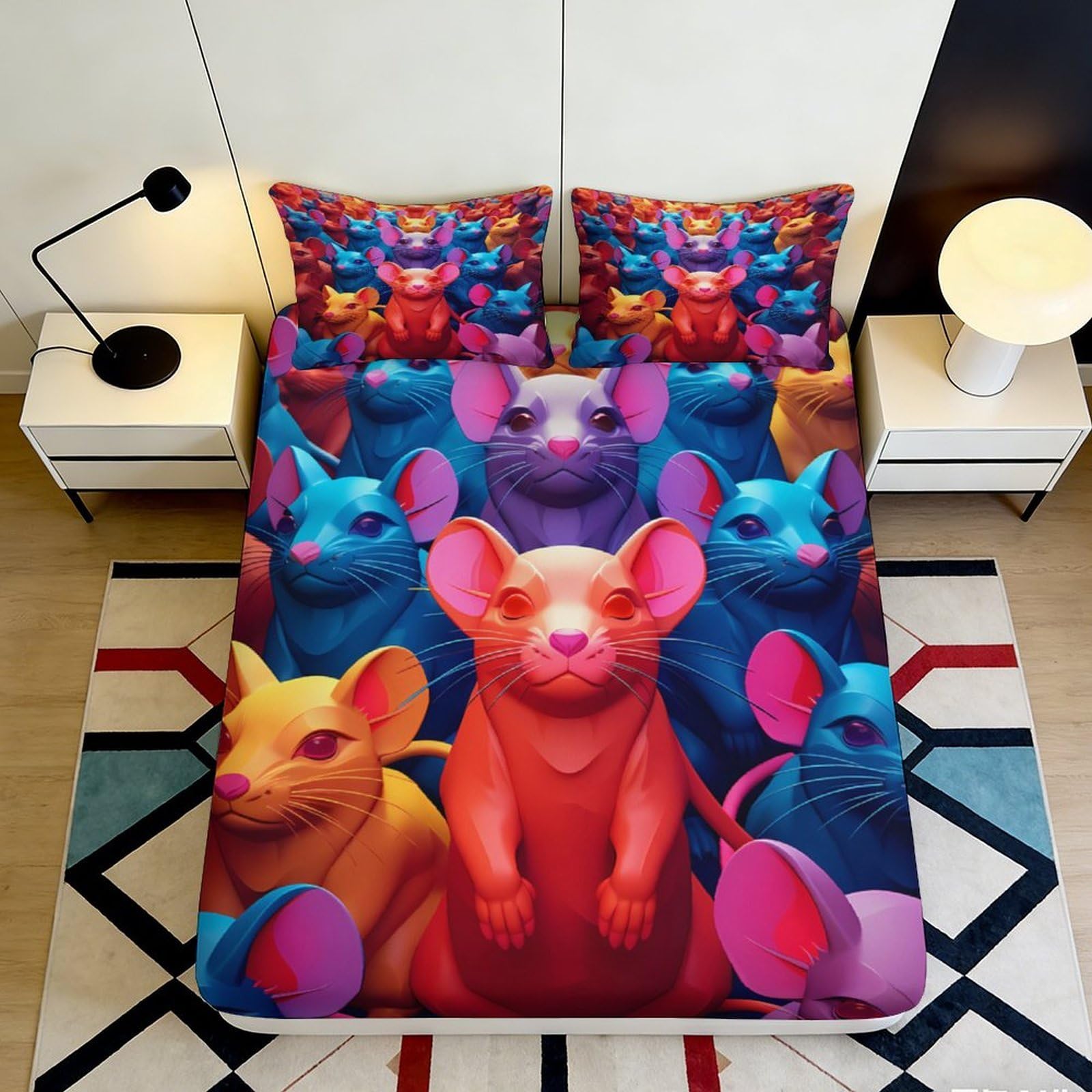 3D Printed Colorful Mouse Fitted Sheet Microfiber Soft Bedroom Decor Vibrant Rodent Mattress Cover for Home Dorm 90x200x25cm
