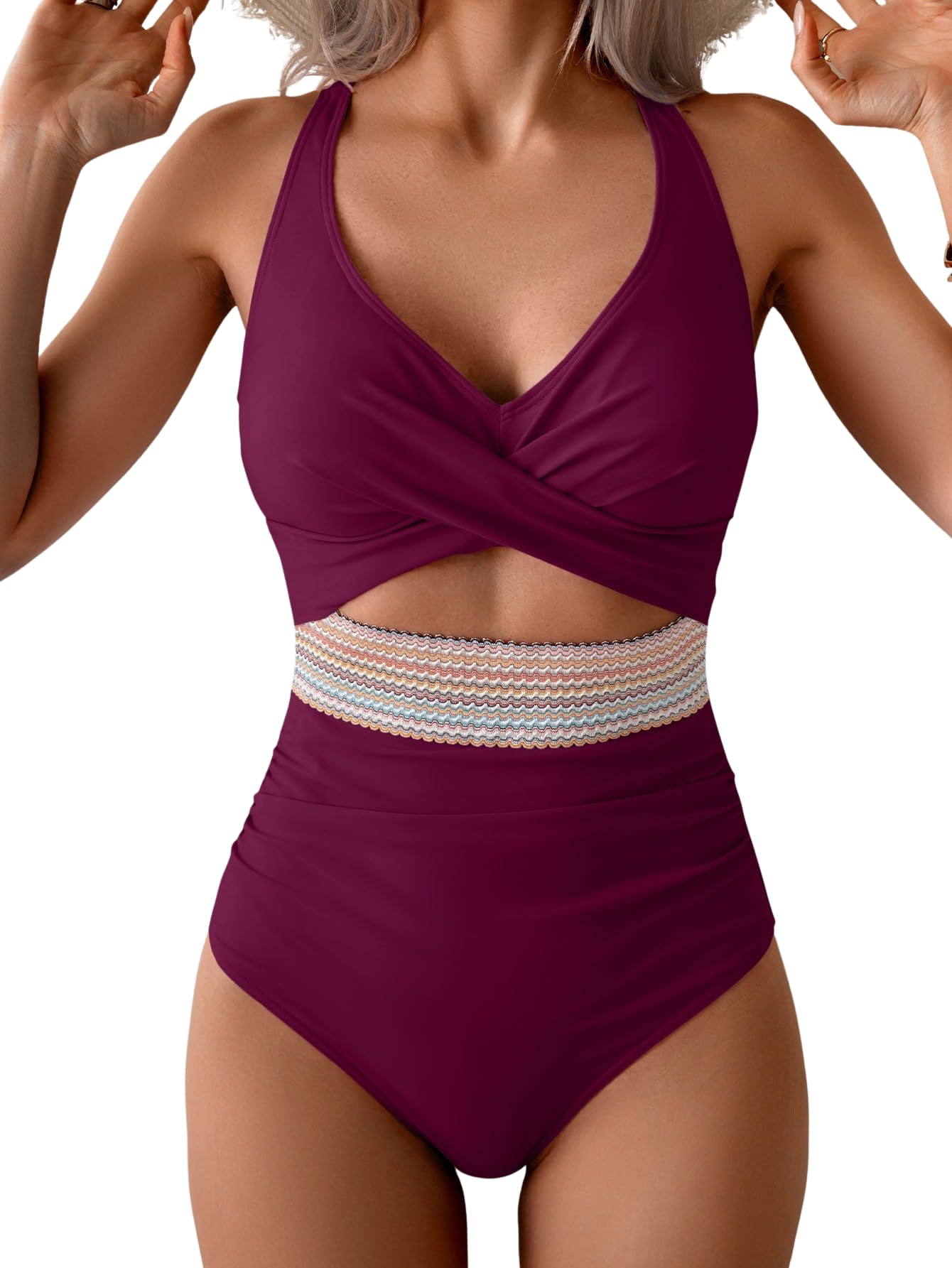 Photo 1 of (Medium)B2prity One Piece Swimsuit for Women Tummy Control V Neck Bathing Suit Color Block High Waisted Cutout Swimwear