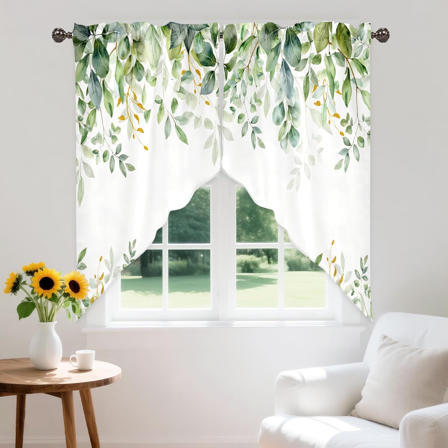 Green Eucalyptus Leaves Valance for Windows,Window Treatment Curtains Rod Pocket Sheer Small Short Valance for Kitchen Bathroom Laundry Basement,54Wx18L inch,Boho Watercolor