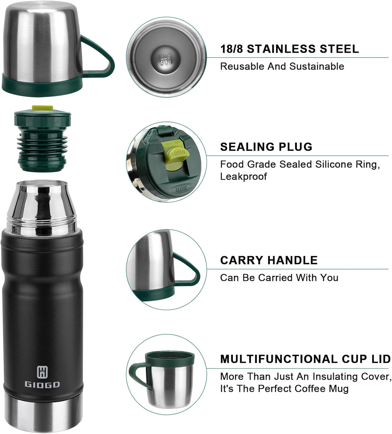 Vacuum Insulated Water Bottle Thermo Water Flask with Cup 680ml/23oz Stainless Steel Thermal Water Bottles Thermo for Hot and Cold Drinks Coffee Water(Black,Set) - Image 2