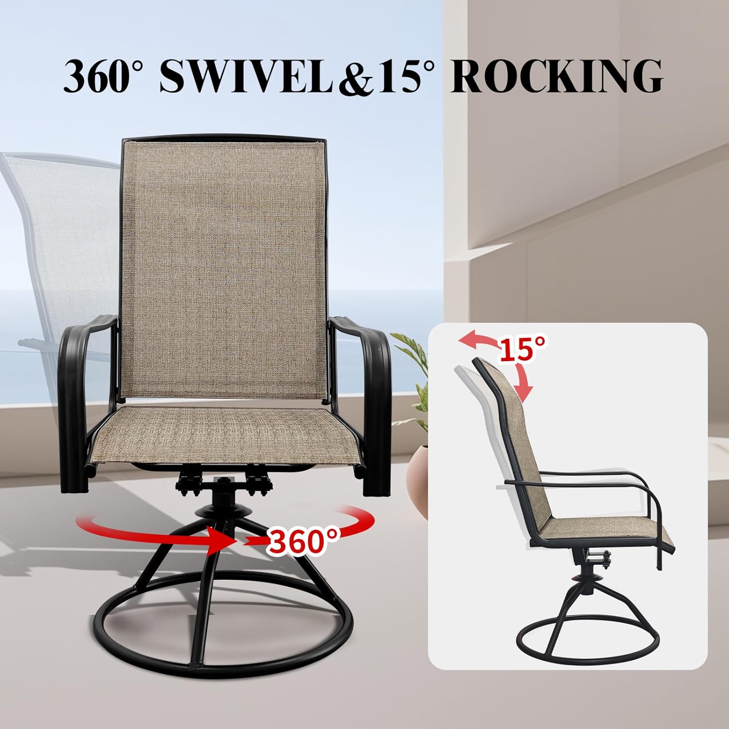 SHGJ&SOFT Patio Swivel Chairs, Waterproof Outdoor Dining Chairs with All-Weather Textilene Mesh for Deck, Garden, and Backyard (Plain Backrest-Brown, Set of 2)