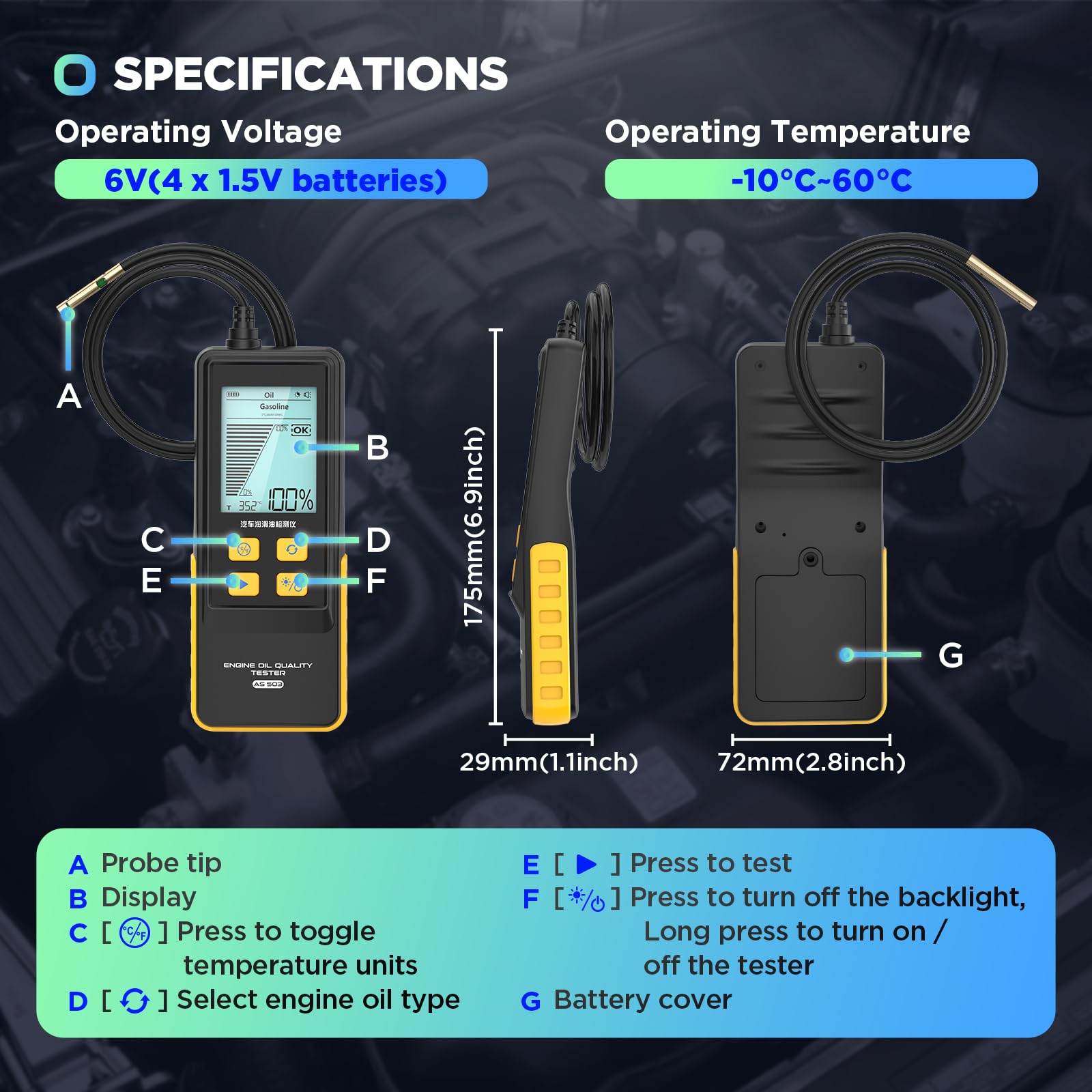 AS503 - Kit de prueba de aceite de motor de gasolina y diésel, detector de análisis de transmisión y temperatura con sonda flexible de 31,5 pulgadas, pantalla retroiluminada de 2,8 pulgadas