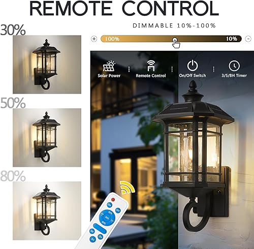 Miniatura 2 de Emliviar Lámpara de pared LED solar para exteriores, luz solar de porche del atardecer al amanecer con control remoto, acabado negro con vidrio