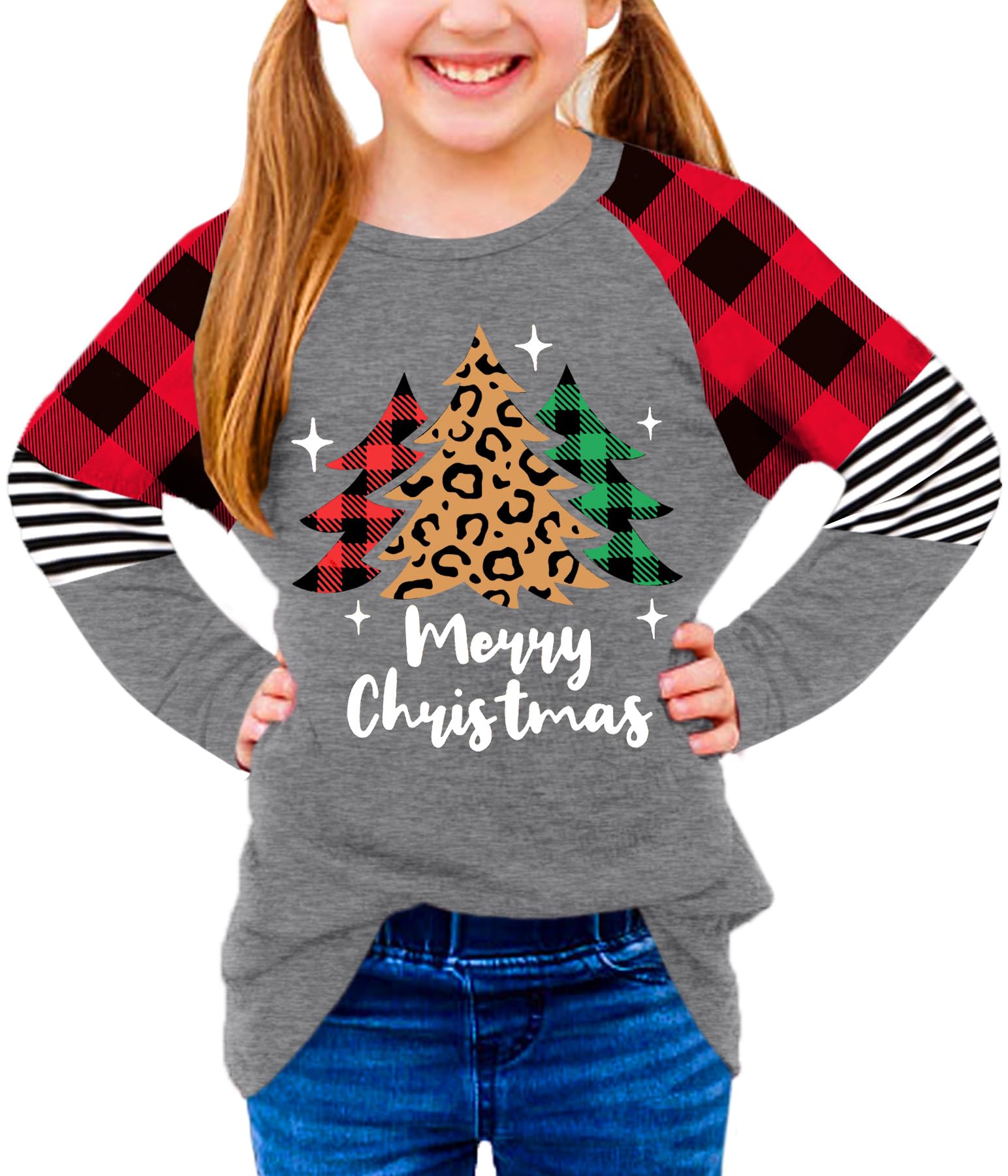 BesserBay Girls Christmas Raglan Shirt Casual Leopard Stripe Patchwork Tunic Top 4-14 Years