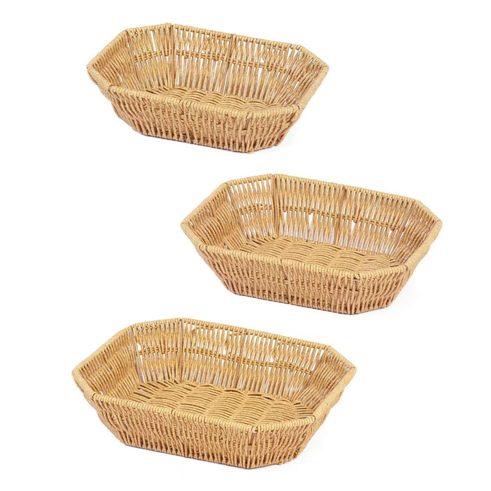 MICFENY 3pcs Imitation Rattan Woven Snacks Storage Basket Multipurpose Octagonal Bread Fruit Serving Tray Desktop Candy Plate