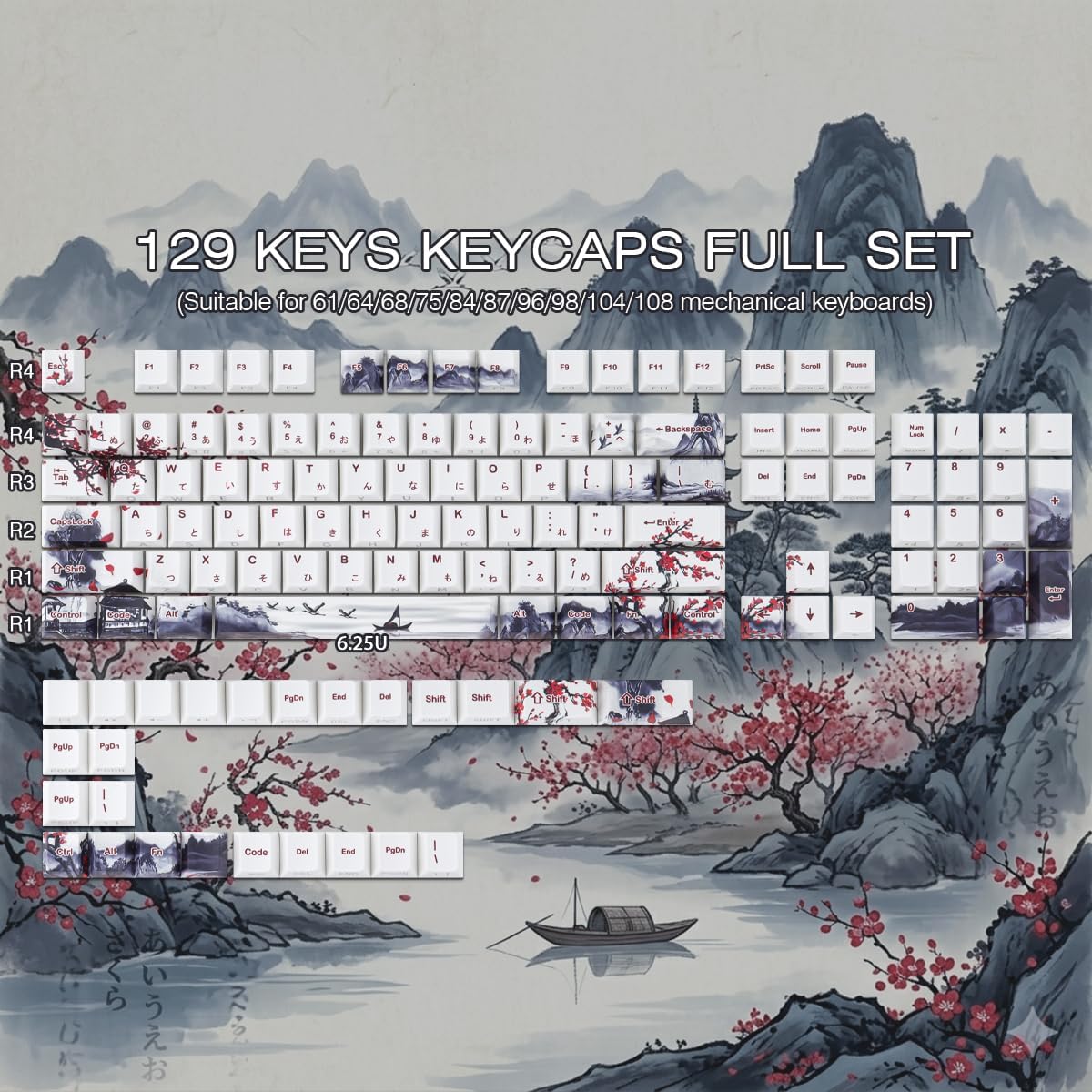 JOMKIZ PBT Keycaps with Landscape Plum Blossom Design Side Print Shine Through Keycaps for Mechanical Keyboard Cherry Profile Double Shot PBT Keycap Set Compatible with 61 64 68 87 104 108 Keys
