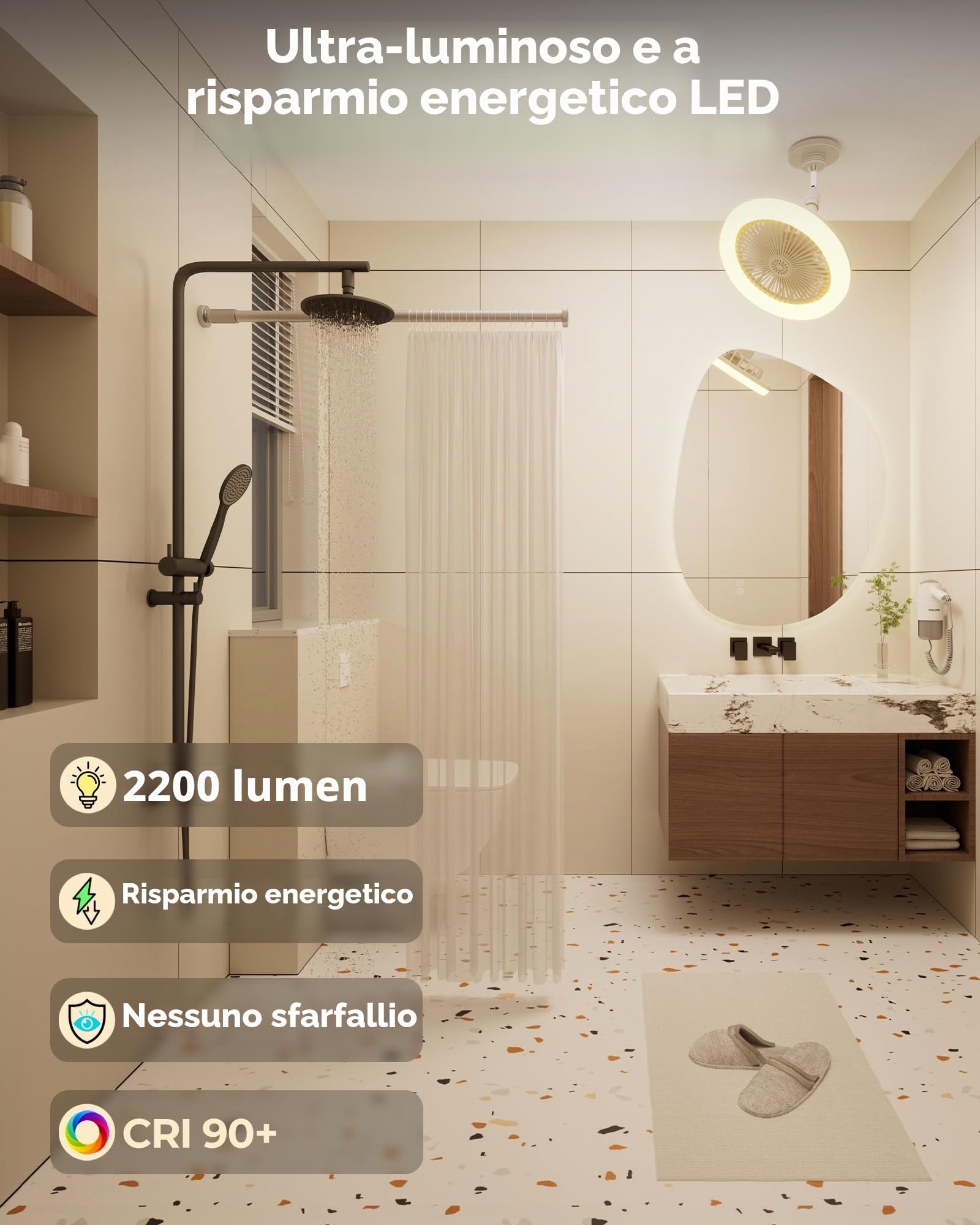 Ventilatore da soffitto con luce E27, 2200LM lampadina ventilatore LED, silenzioso lampadario con ventola piccolo, ventola da soffitto con luce e telecomando, per tetto inclinato, garage, lavanderia