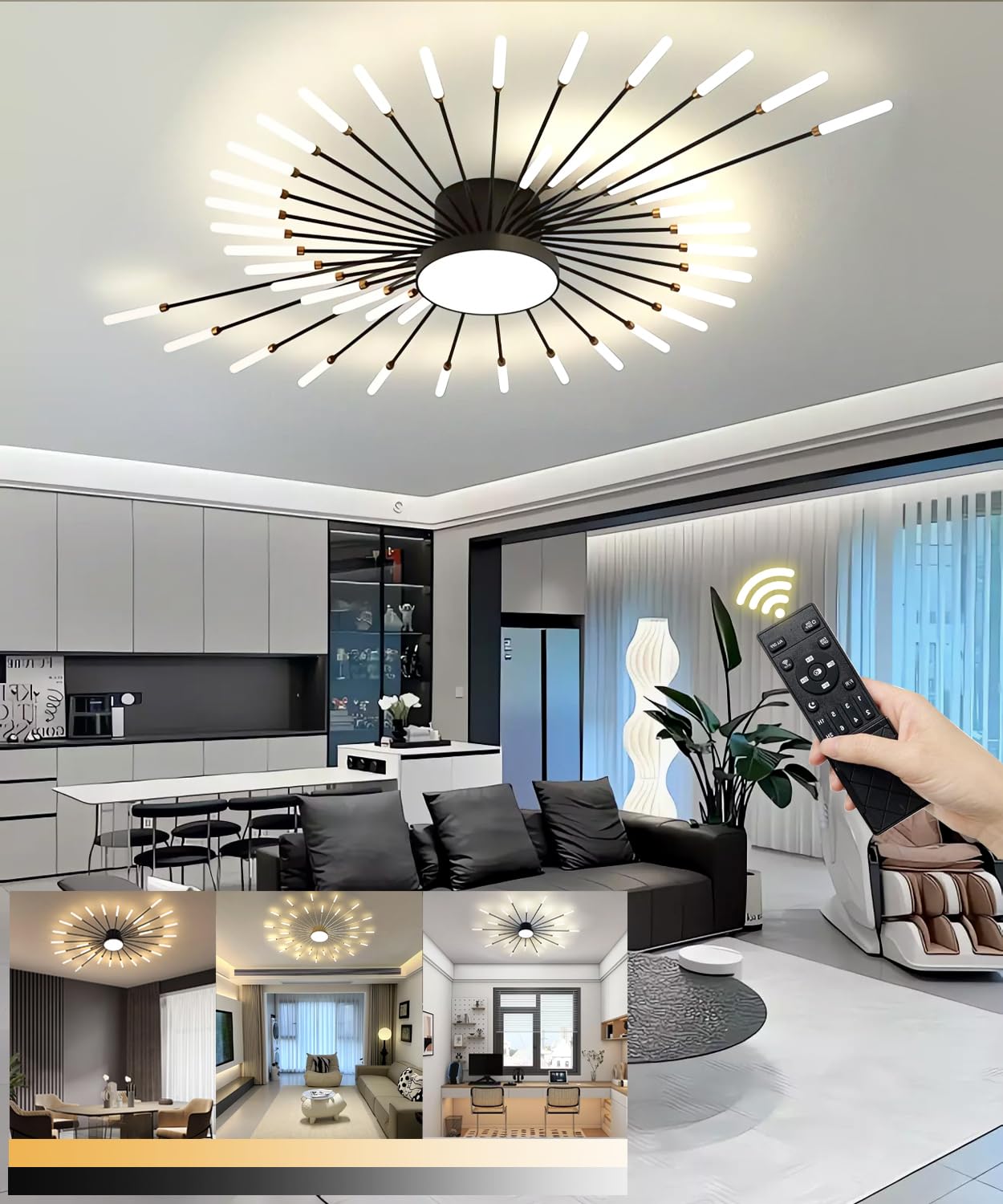 LIYYANG Modern LED Ceiling Light Fancy Lights 42+1 Heads Semi Flush Mount Ceiling Lamp Living Room Ceiling Lighting with Remote Control Chandelier for Office Bedroom Restaurant (Black, 42+1heads)