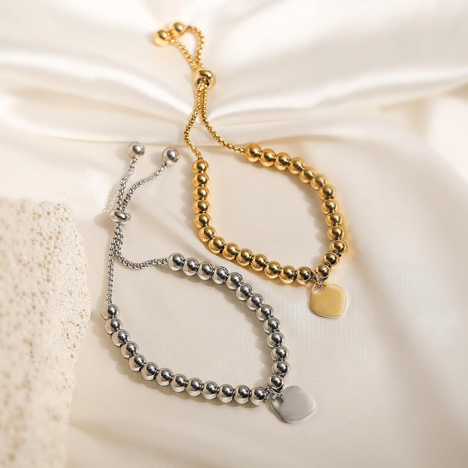 Trendy Heart Beads Bracelets For Elegant Women Adjustable 18K Gold Plated Stainless Steel Jewelry