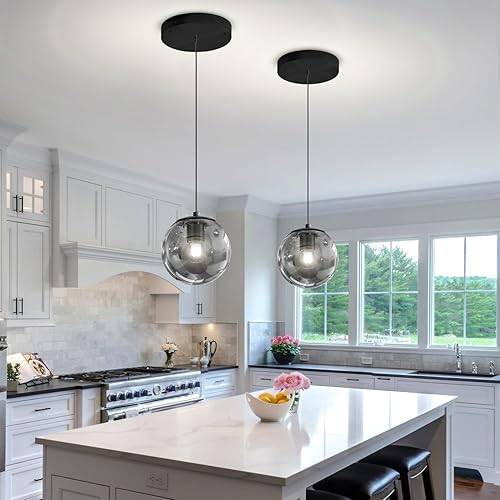 Miniatura 35 de Lámpara Colgante de Globo de Vidrio de 6 Luces Moderna Candelabro de Globo de Vidrio Gris Humo Grandes Candelabros para Techos Altos Entrada Luz