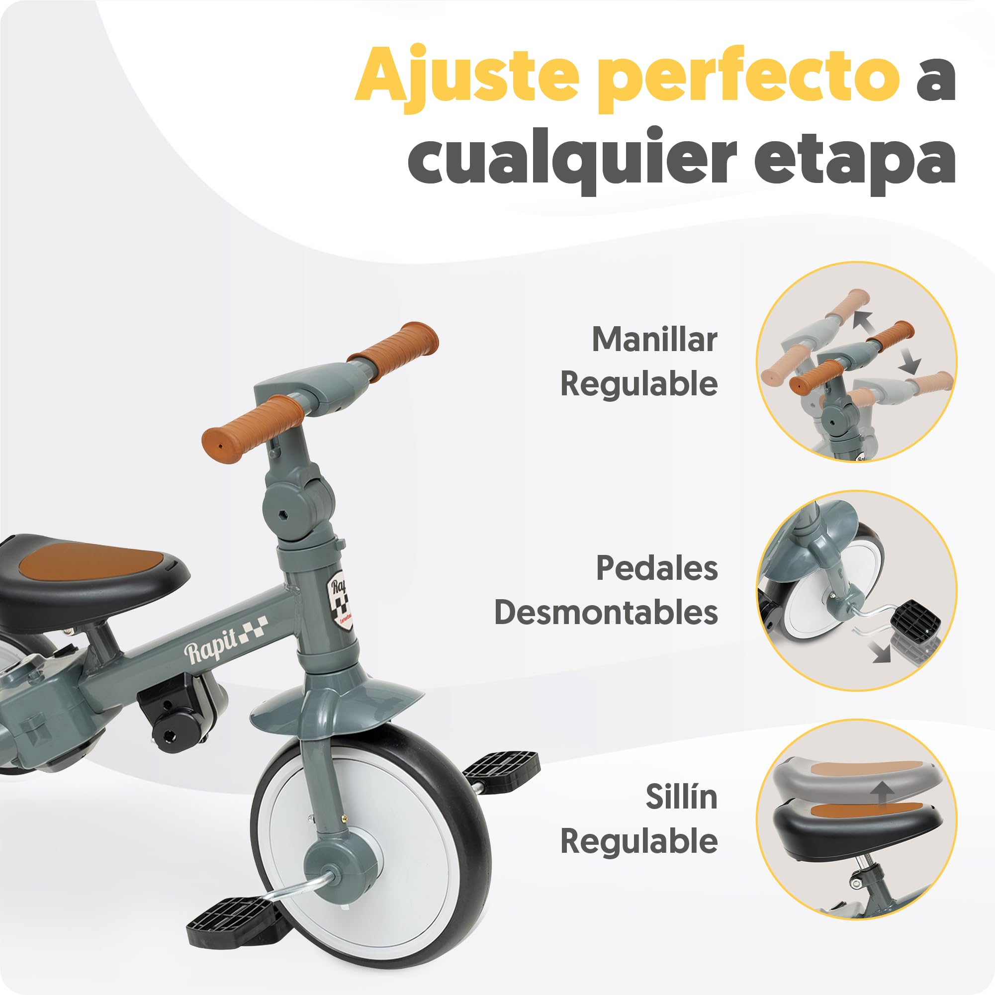 Interbaby Triciclo Evolutivo Bebé 5 en 1 | Triciclo Bebé 1 Año Convertible en Bicicleta sin Pedales | Bici Bebé y Correpasillos 1-5 Años | Ajustable, Transformable y Estable (Gris)