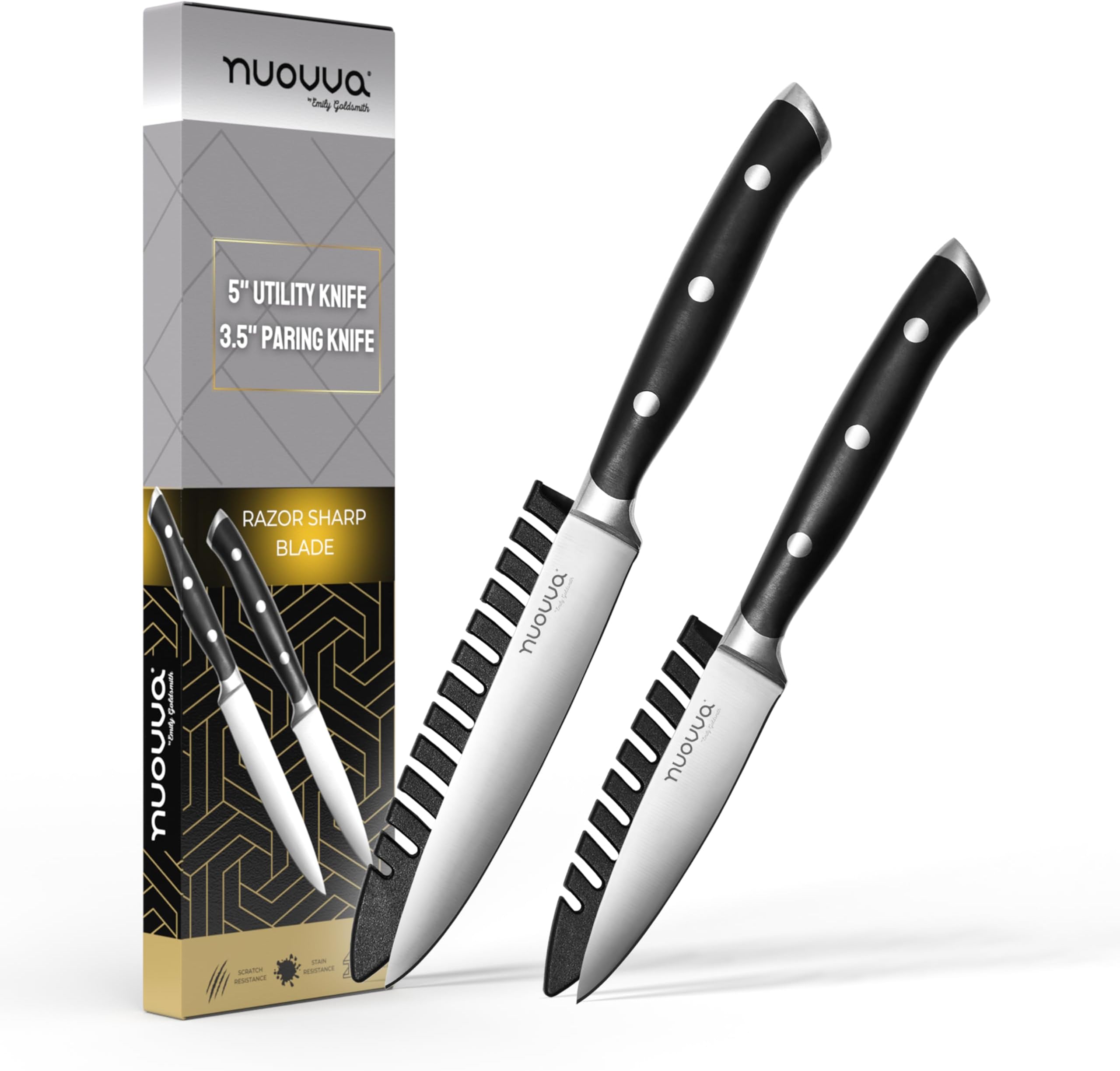 nuovva Professional Paring Knife Set โ Utility Kitchen Knives โ German High Carbon Stainless Steel โ Sharp Vegetable Knife Set โ 5 inch Paring Knife, 3.5 inch Utility Knife