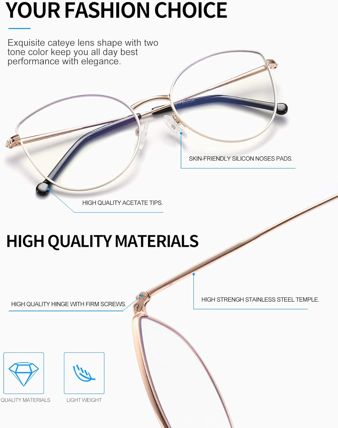 Cat Eye Blue Light Blocking Glasses Women,Trendy Metal Frame Computer Gaming Glasses Anti-eyestrain & UV Glare