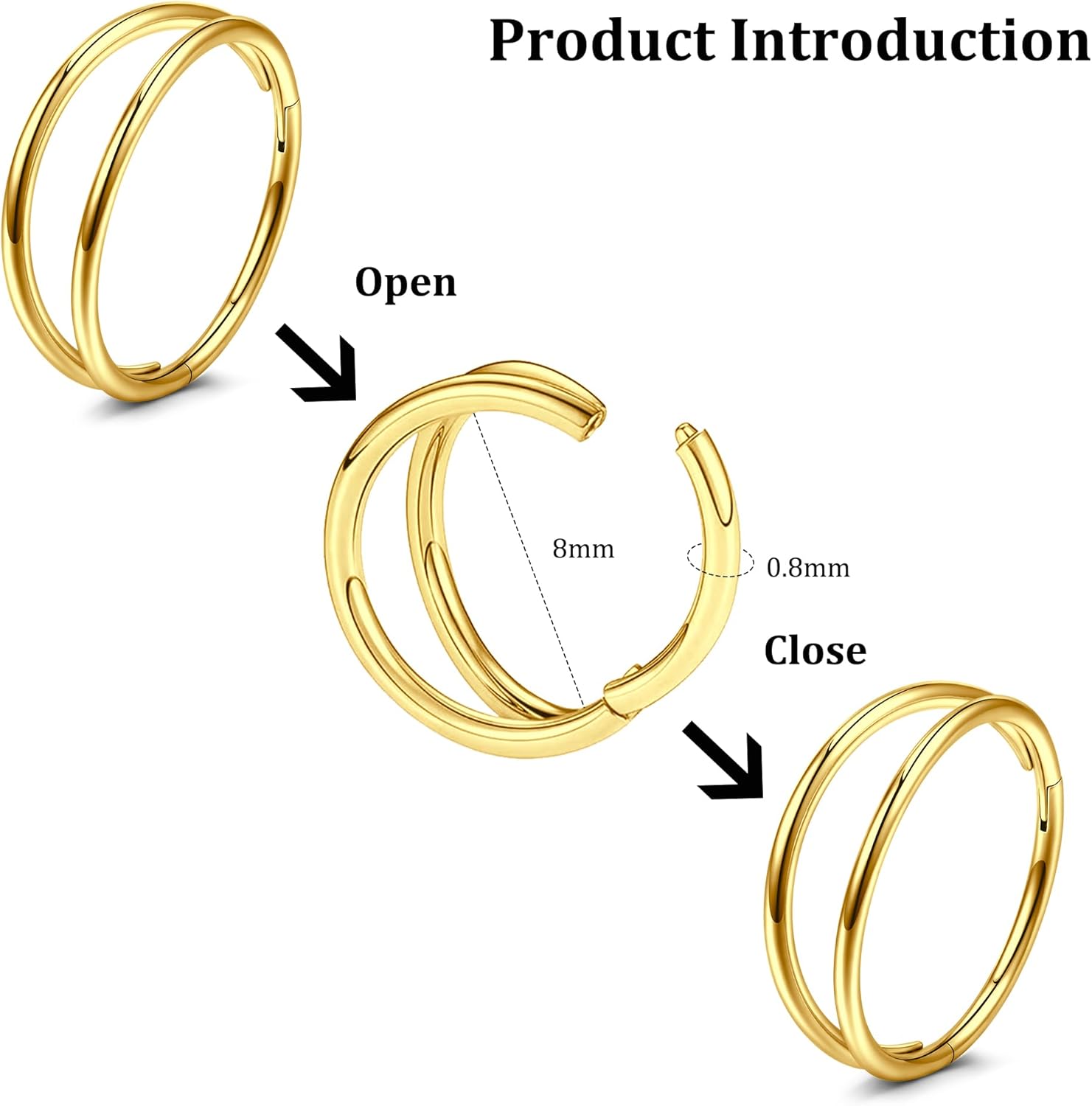 Zolure 3pcs Nose Rings Hoops-Double Hoop Nose Ring For Women 20G Hinged Septum Clicker Piercing Jewelry CZ Cartilage Earring Helix Rook Tragus Daith 8mm - Image 2