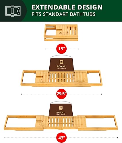 Miniatura 32 de Royal Craft - Bandeja de bambú para bañera con soporte para libro y vino Bambú Negro,Negro (plegable),Bambú carbonizado (marrón),Gris