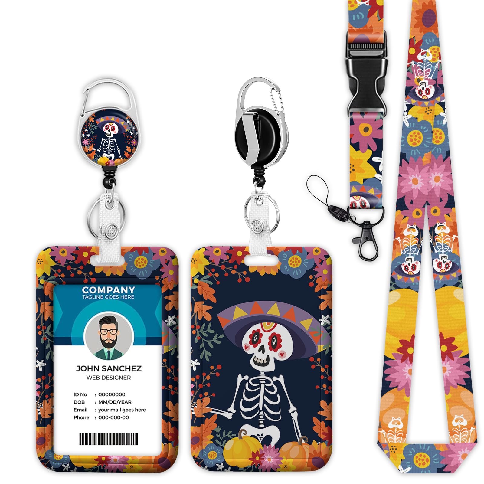 Mexican Skull Flower Lanyards for ID Badges, Day of The Dead ID Badge Holder with Lanyard Retractable Badge Holder/Reel Lanyard, Teacher Student