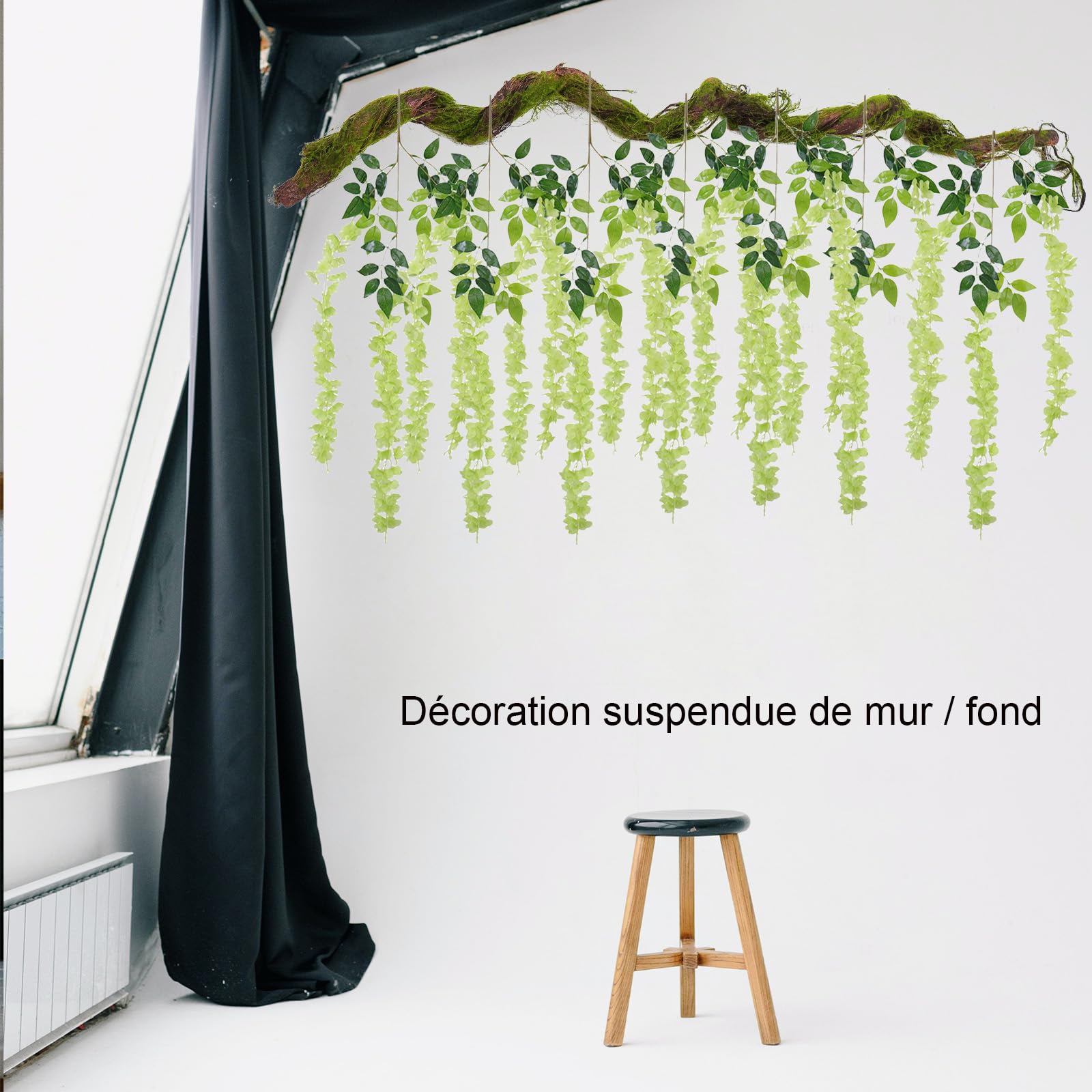 190cm/74.8inch Lin Soie Gros Tronc d'arbre Artificiel Pliable Faux Branches d'arbre Vigne Guirlande Plantes de Raisin Vert Rattan pour 3D Mur Suspendu Jardin extérieur Maison Halloween décoration