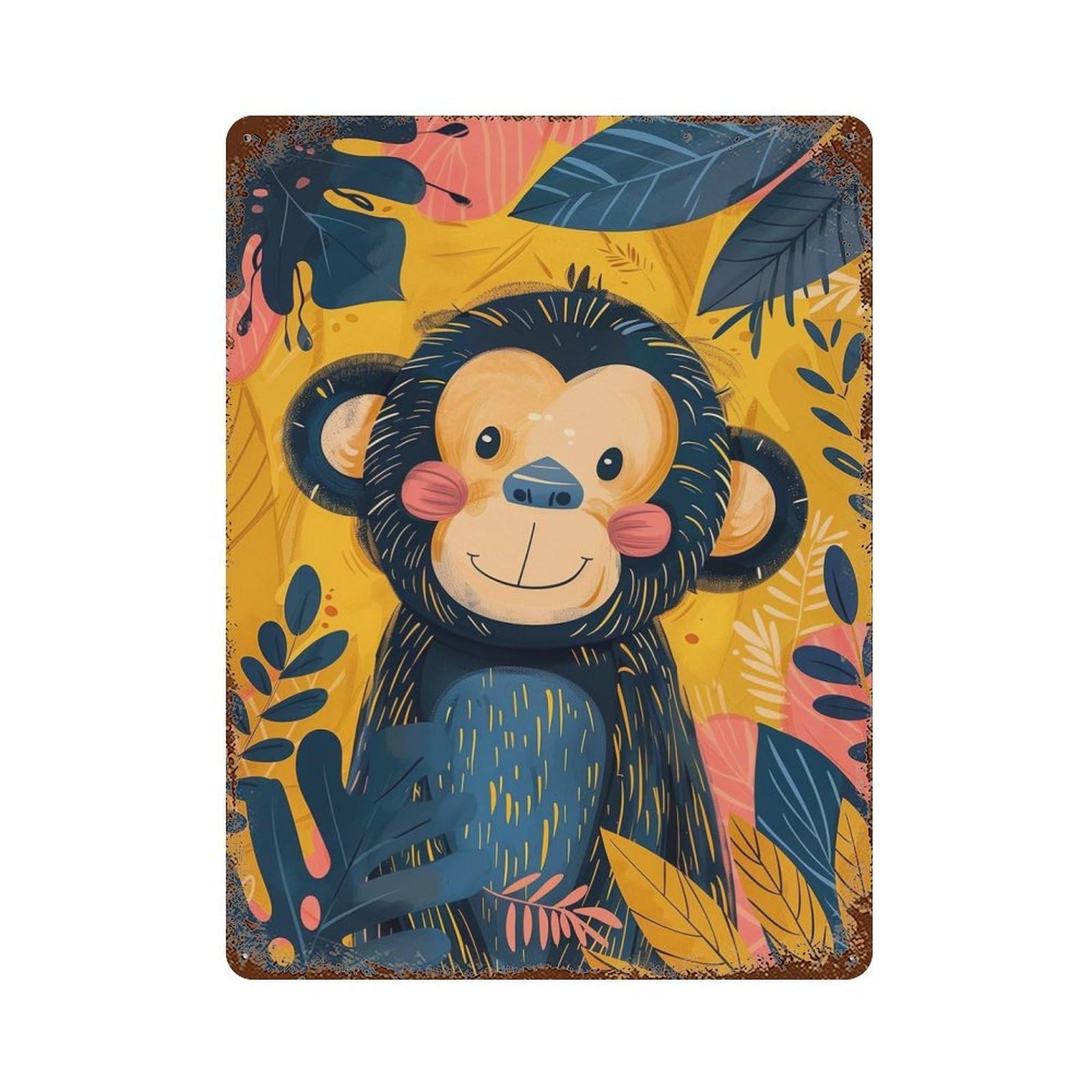 Cute Watercolor Monkey Rustic Tin Plaque 15.7"x11.8", for Shed, Workshop And Garage Wall Decor, Shabby Chic Decor