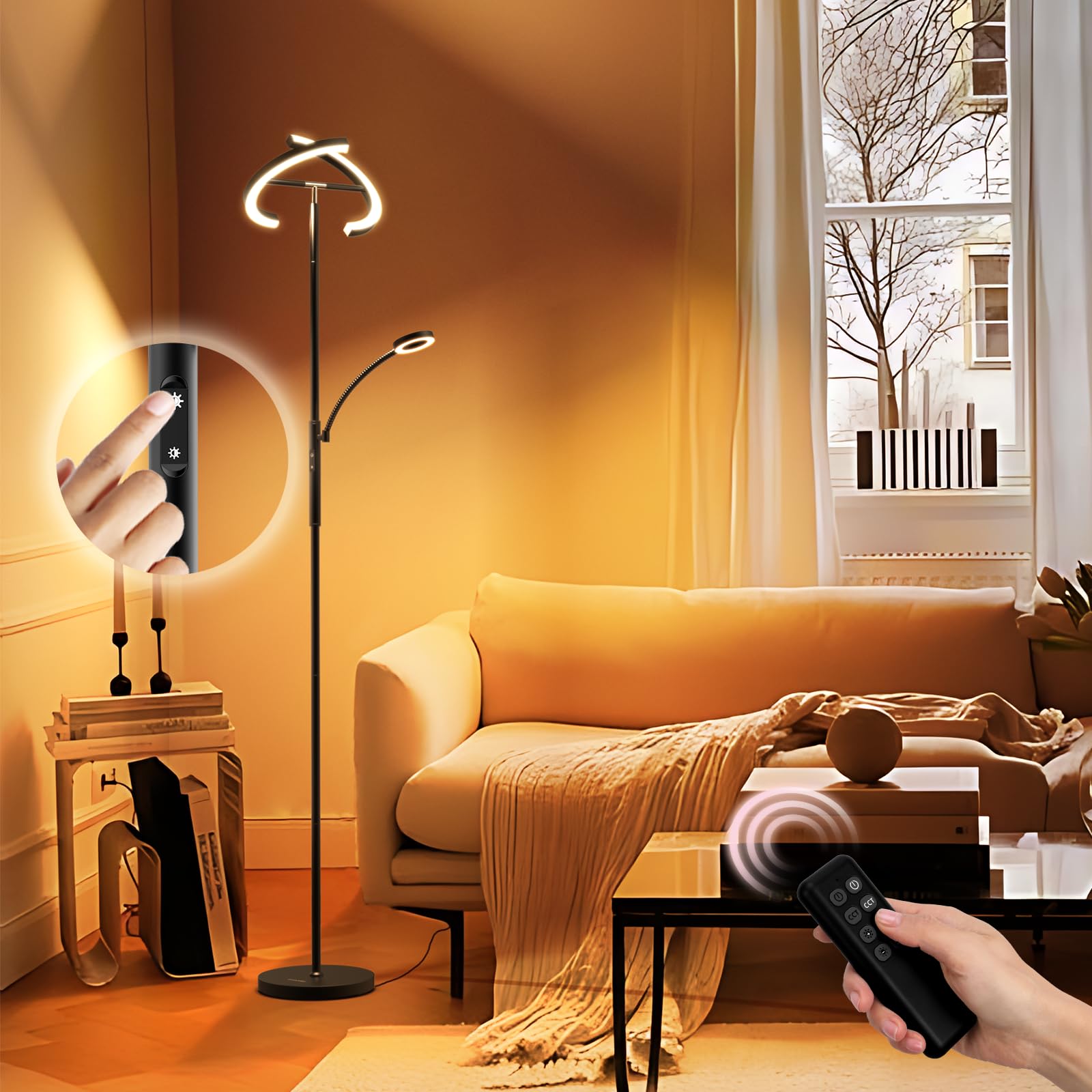 FIMEI Lámpara de Pie 29w, con Control Remoto y Táctil, 3000K-6000K Temperatura de Color & Atenuación Continuas, Moderna Lámpara de Lectura para Sala de Estar, Dormitorio, Oficina
