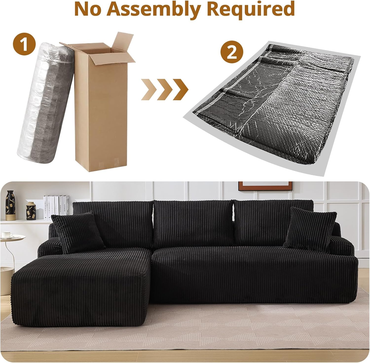 Sectional Cloud Boneless Couch 106" Modern Comfy L-Shape Corner No Assembly Required Convertible Compression Sleeper Modular Sofa with Corduroy Fabric Deep Seat Loveseat + Chaise for Living Room