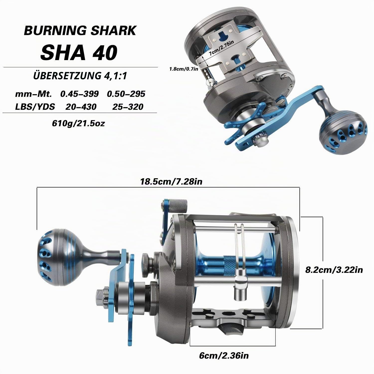 Burning Shark Salzwasser-Windrolle zum Schleppangeln, Zugrolle für Bootsangeln im Meer auf Seebarsch, Zackenbarsch und Lachs