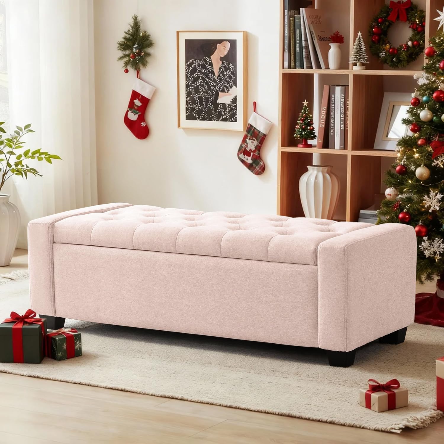 48" Ottoman with Storage, Pink Storage Ottoman Bench with Safety Hinge, Upholstered Entryway Bench with Seating for Bedroom, Living Room, Holds up to 330 lb