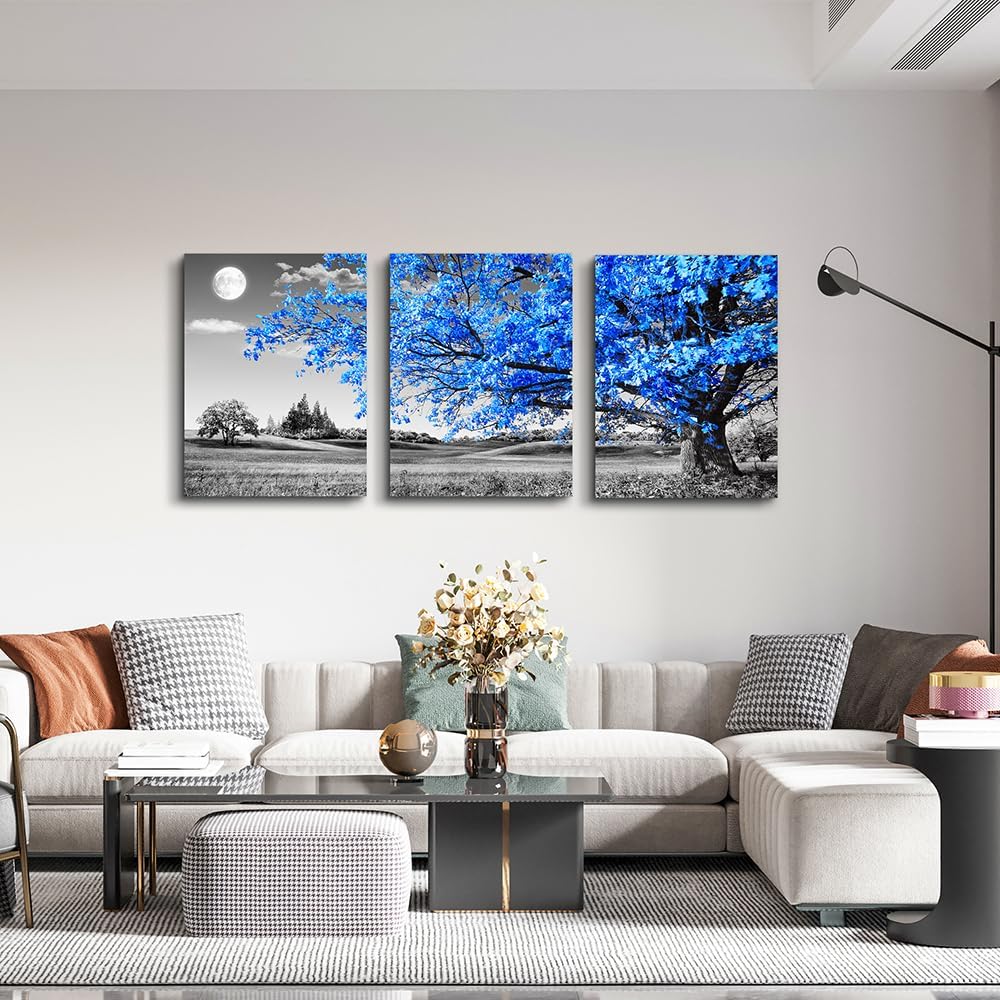 Blue Trees and Moon Landscape Canvas Print Set