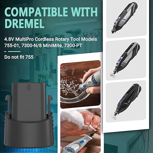 Miniatura 3 de CREABEST Paquete de 2 baterías miniMite de 3500 mAh Ni-MH de 4.8 voltios compatibles con Dremel 755-01 7300-N/8 MiniMite 7300-PT para mascotas