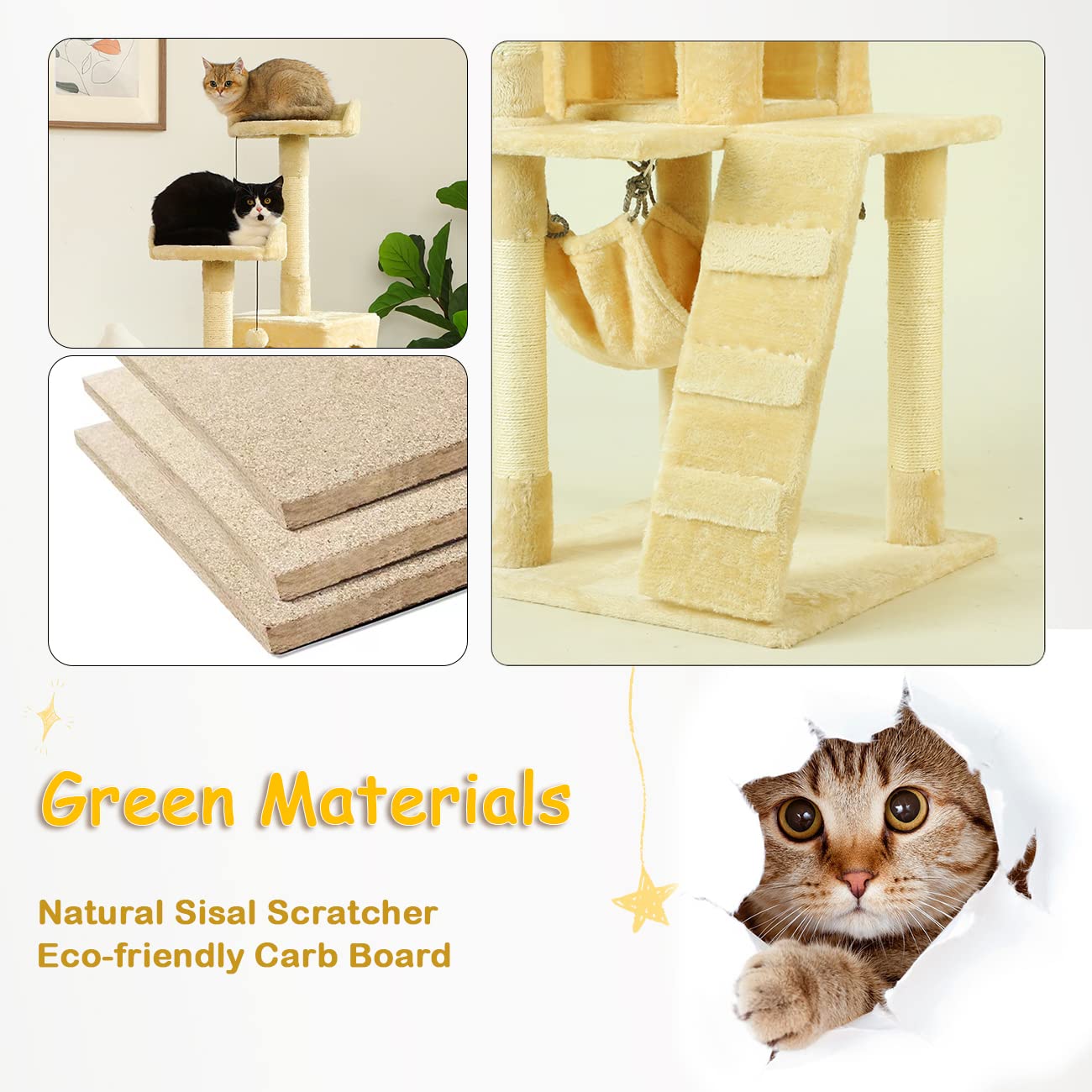 KZLAA 54in Cat Tree Cat Tower Condo Furniture Scratch Post with Natural Sisal Rope, Hammock & Cradle for Cats Kittens, Tall Cat Climbing Stand with Plush Perch & Toys