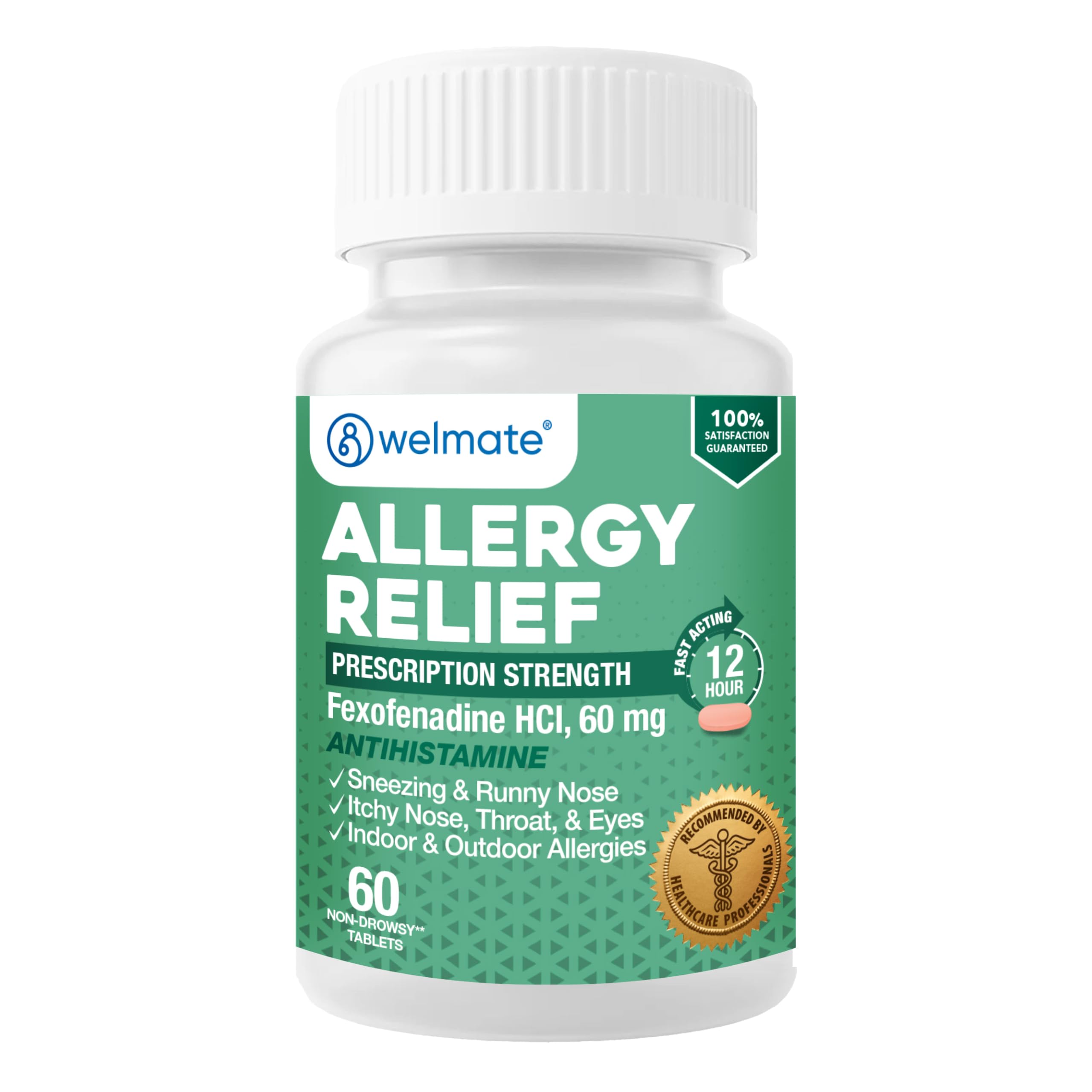 WELMATE, Fexofenadine 60mg, 12-Hour Non-Drowsy Allergy Tablets, 60 Ct
