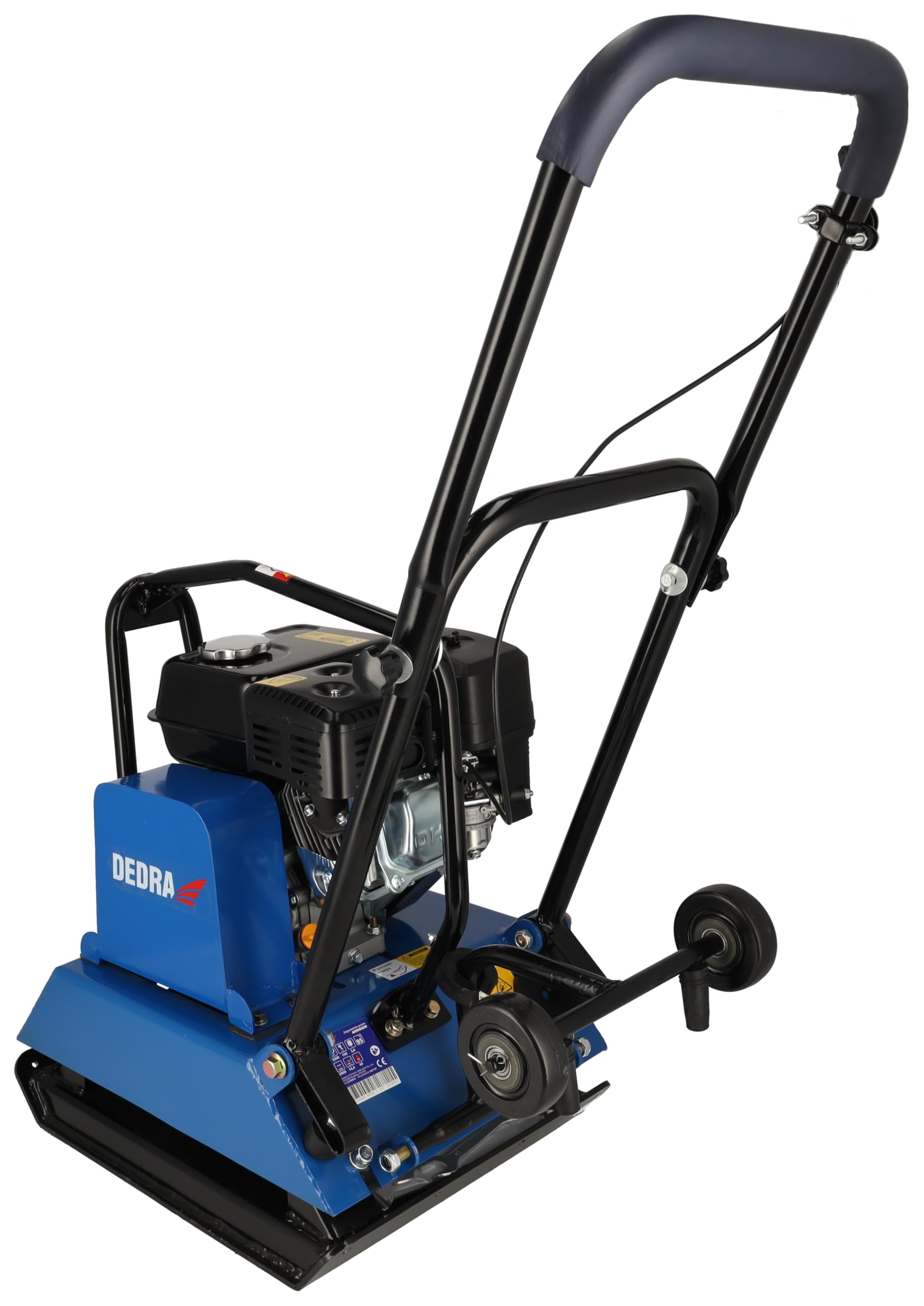 DEDRA Rüttelplatte Leistung 4100 W, Gewicht 88 kg, Hubraum 196 cc Loncin, Plattengröße 420x550 mm, 5800 Schläge pro Stunde, für Bauarbeiten, mit Gummimatte, mit Räder und große Transportgriffe