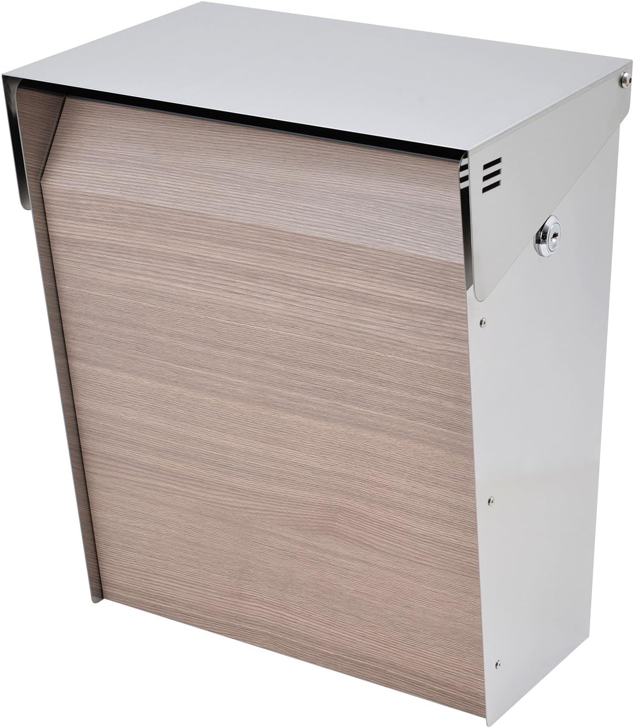 Hover OP - Modern Stainless Steel Wall Mount Mailbox with Lock and Key, Extra Large Letterbox, Rust-Resistant for Contemporary House, Apartment, 8" x 12" x 14" (White Oak)