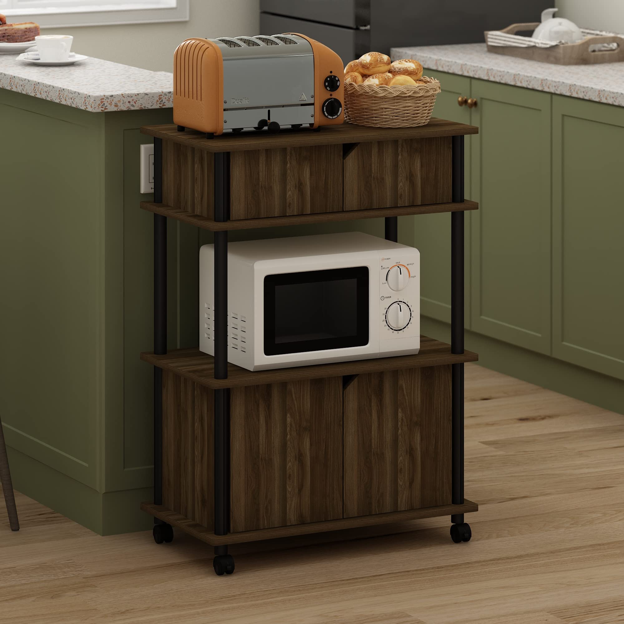 Furinno Turn-N-Tube Kitchen Storage Cart with Cabinet, Columbia Walnut/Black