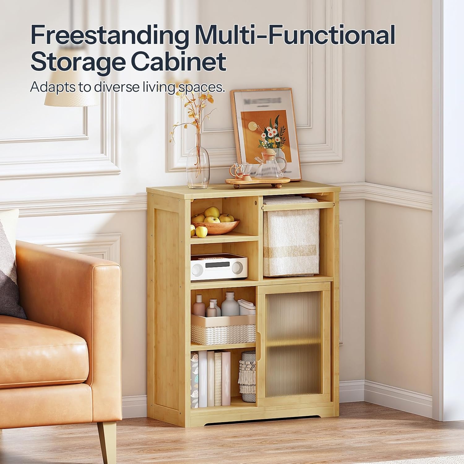 HOOBRO Bathroom Floor Cabinet, Small Bathroom Cabinet with 2 Doors, Floor Storage Cabinet, Bamboo Organizer Cabinet with Adjustable Shelves for Living Room, Dining Room, Entryway, Natural