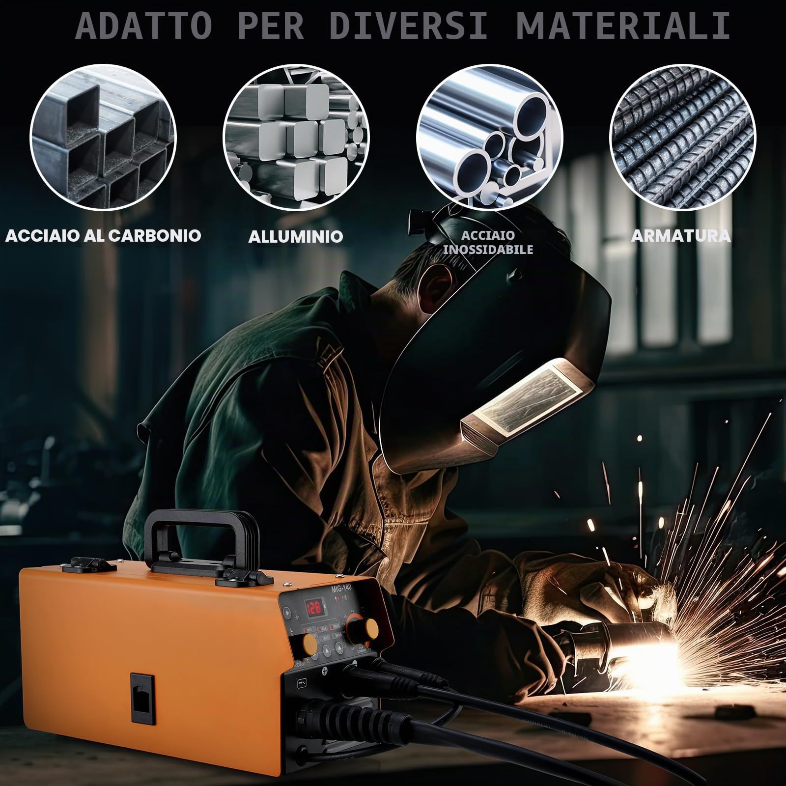 Saldatrice a Filo Continuo 140A 230V, 3 In 1 Multifunzione Saldatura MIG no Gas, ARC MMA, Lift TIG, IGBT Inverter, Saldatrice Portatile, con Display Digitale, Filo Animato da 0.8mm, Maschera, IP 21S