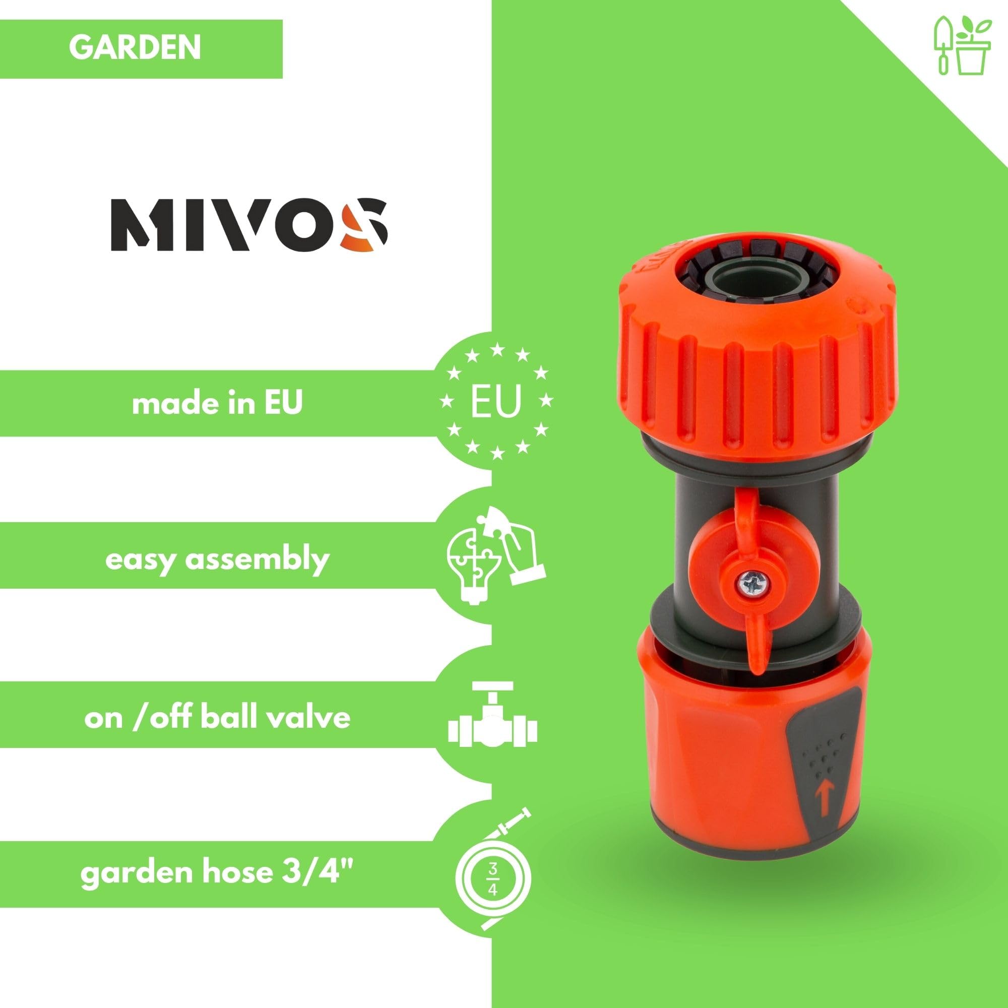 MIVOS Hose Coupling with Stopcock for 3/4 Inch (20 mm) Hose - 3/4 Inch Garden Hose Connector for Regulating and Shutting Off Water Flow - Image 2