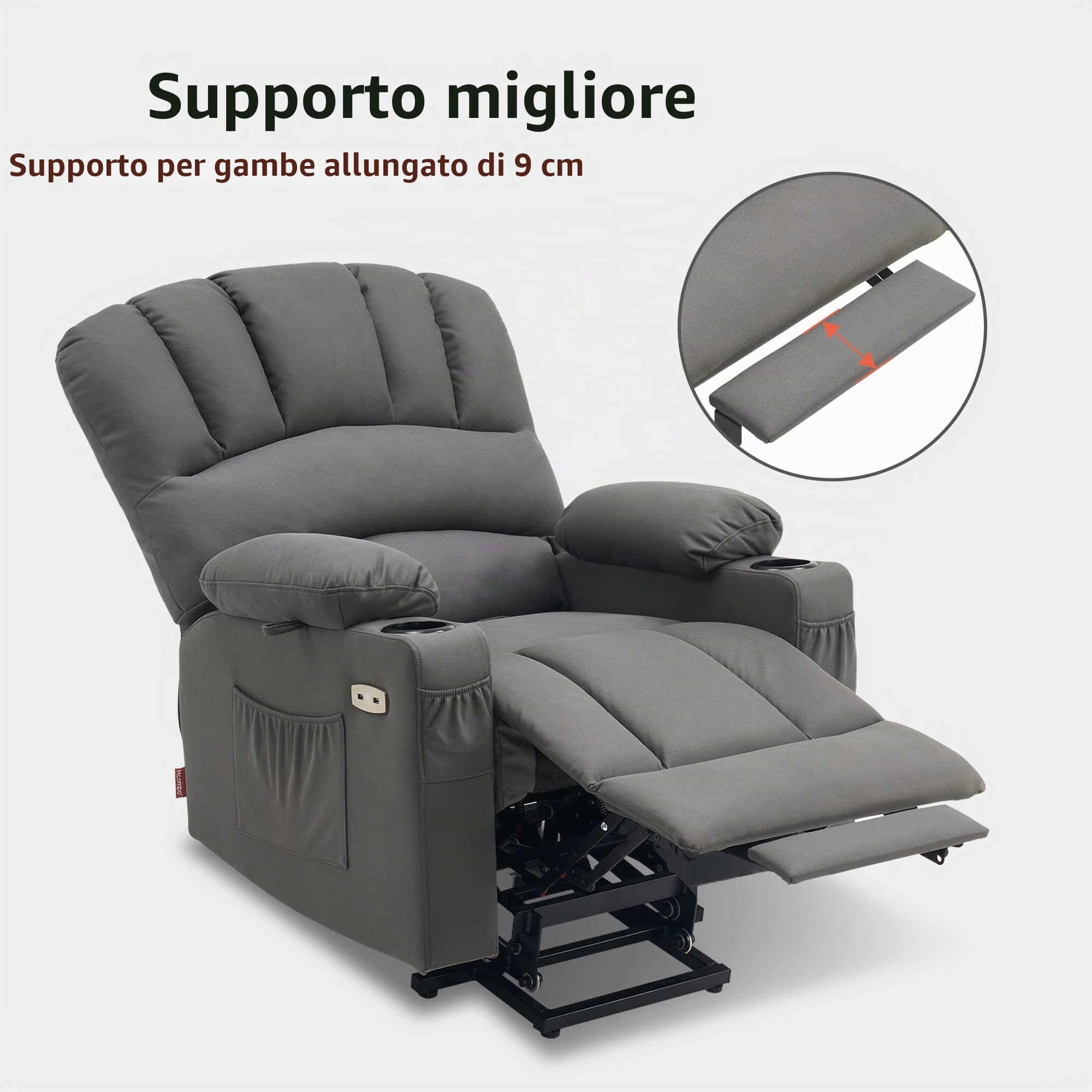 M MCombo Poltrona relax 7102 con supporto per alzarsi e sdraiarsi, regolabile elettricamente, con funzione di riscaldamento, per anziani e soggiorno, USB (tessuto in microfibra, grigio)