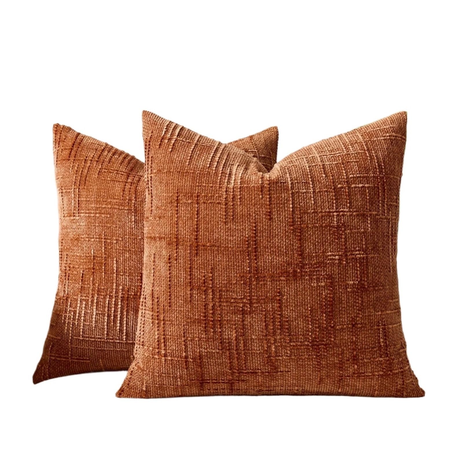 FGUJSUR Cushion Covers Set of 2 Decorative Linen Check Throw Pillow Covers Neutral Farmhouse Vintage Cushion Modern Boho(Brick Red,550x550mm)