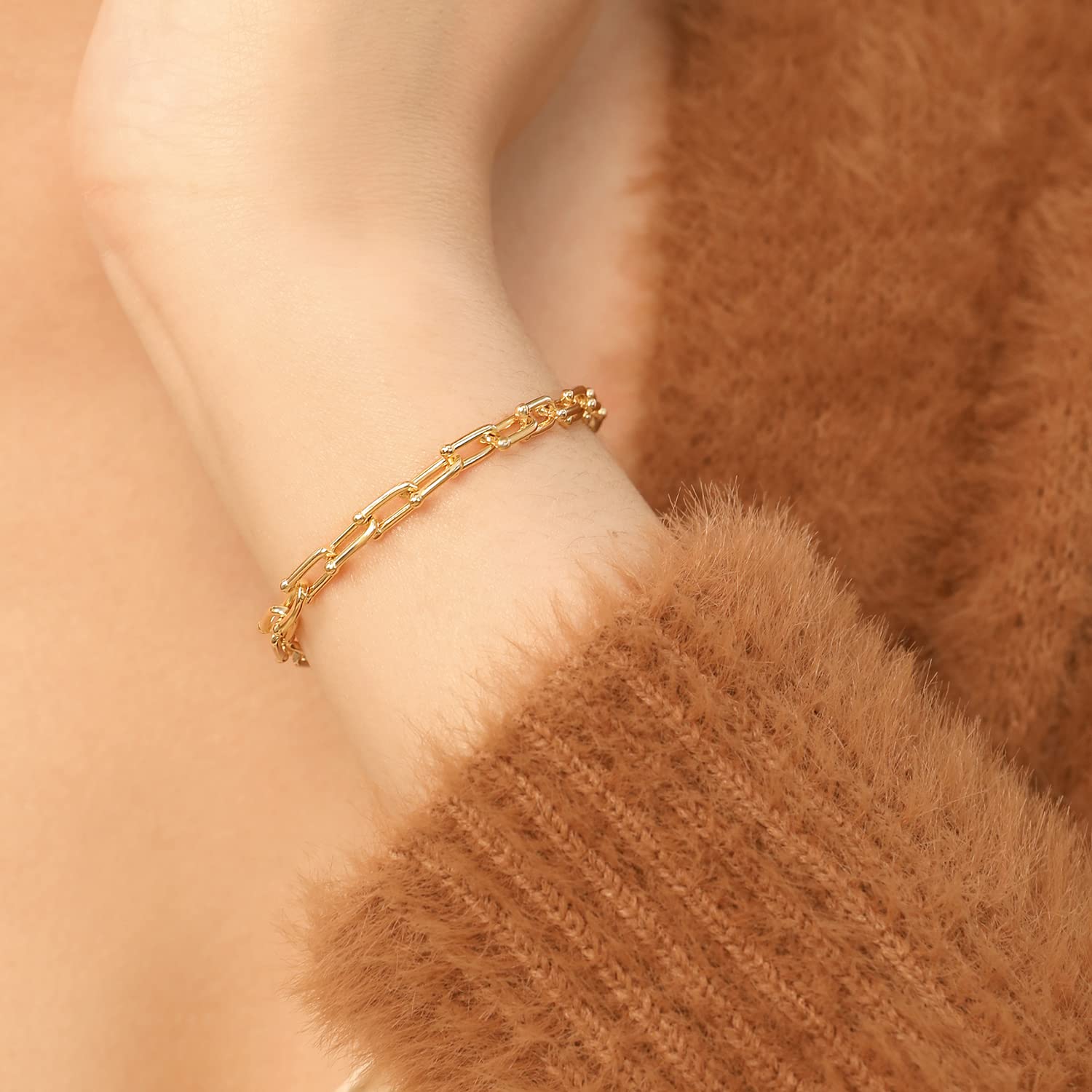 Meissa Bracciale a catena con graffetta in argento 925 Catena pieghettata d'oro fatta a mano Catena a graffetta Yello in oro puro riempita di brillantini Bracciale regolabile per donna, Oro