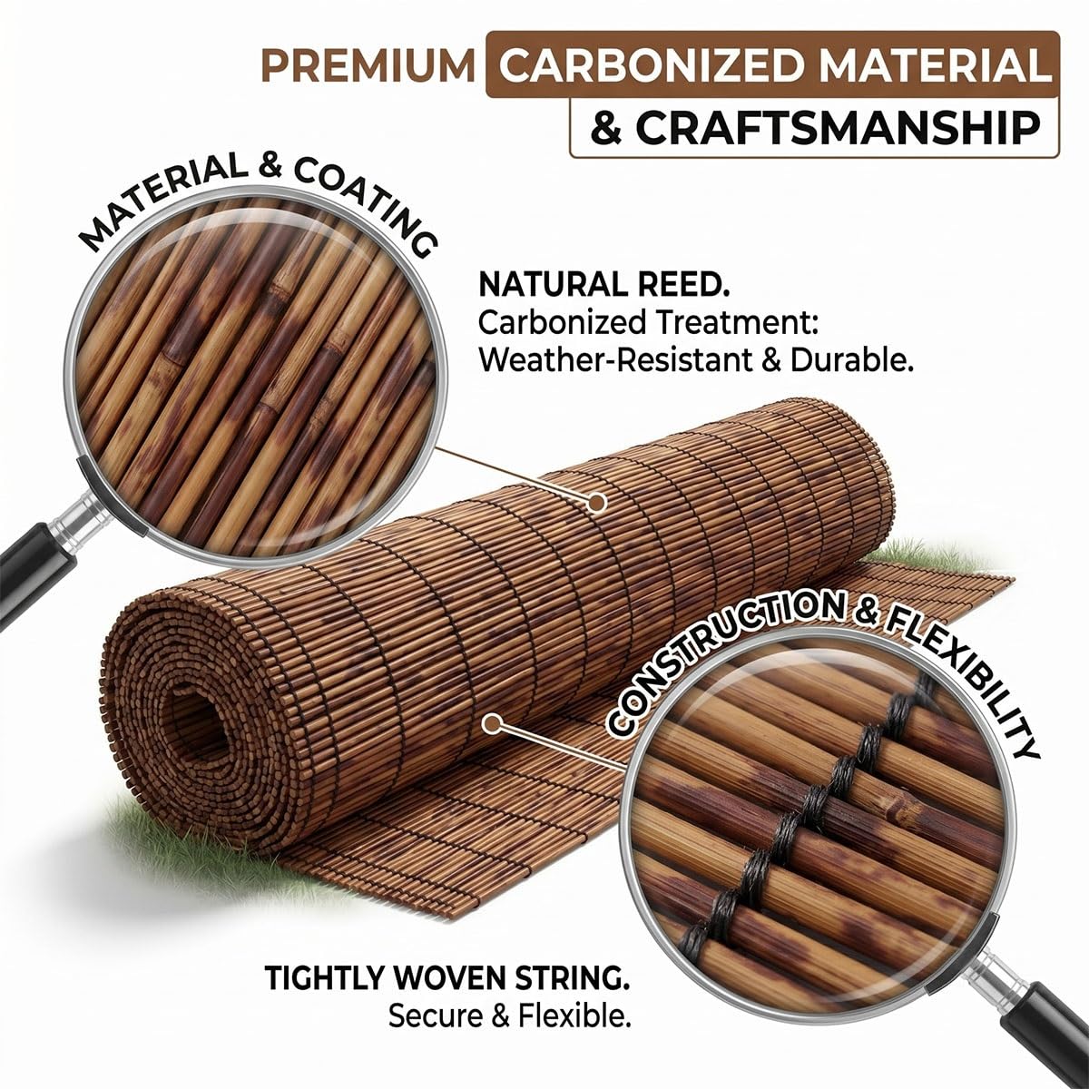 Cañizo Natural Trenzado Valla de Privacidad para Jardín Exterior Rollo de Caña Pantalla de Ocultación Protector Visual Decorativo para Piscina Patio Trasero Sombra Transpirable(Carbonizado,60x600cm)