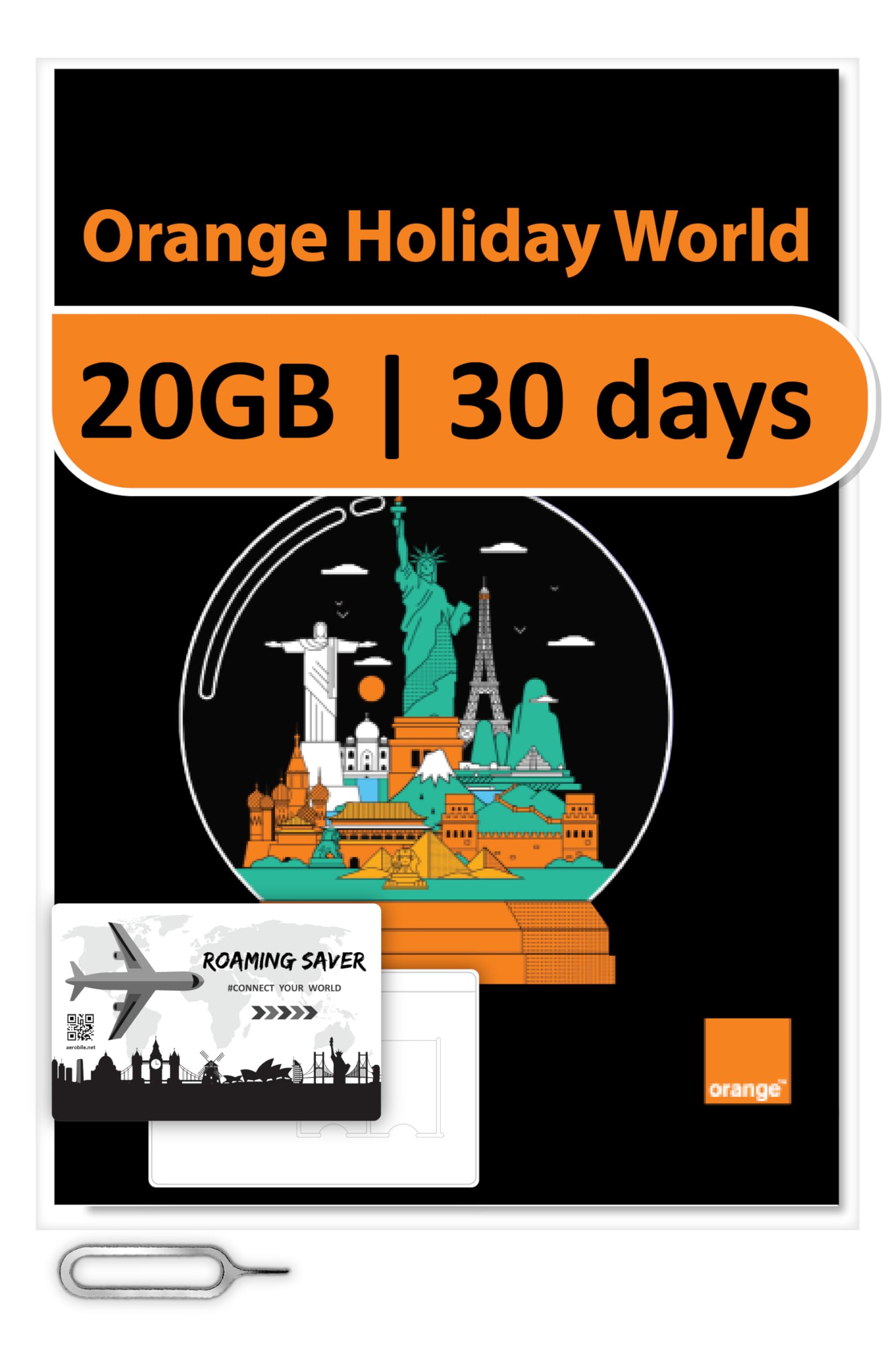 Orange Holiday Worldwide Prepaid SIM Card 20GB Internet Data for 30 Days in 4G/LTE | Data tethering Allowed | Calls & SMS | 1 Sim Card Holder + 1 Pin (International sim, Asia America Europe)