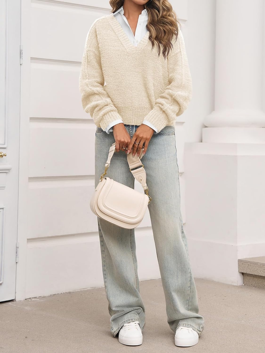 Saodimallsu Womens V Neck Pullover Sweaters Casual Knit Long Sleeve Loose 2025 Fall Cropped Tops - Image 5