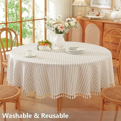 Miniatura 5 de Mantel redondo de lino de algodón de 60 pulgadas, mantel a rayas beige con borlas, manteles bohemios para mesas redondas (redondo, 60 pulgadas,