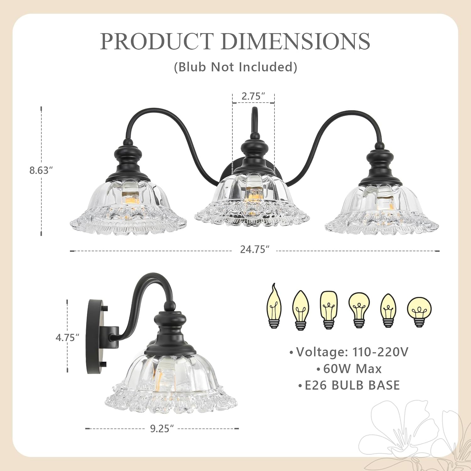 Vintage Bathroom Vanity Light Fixture,3 Lights Black Bathroom Light with Floral Transparent Glass Shades,Antique Wall Sconces for Living Room,Bedroom,Dining Room,Dressing Table,Over Mirror