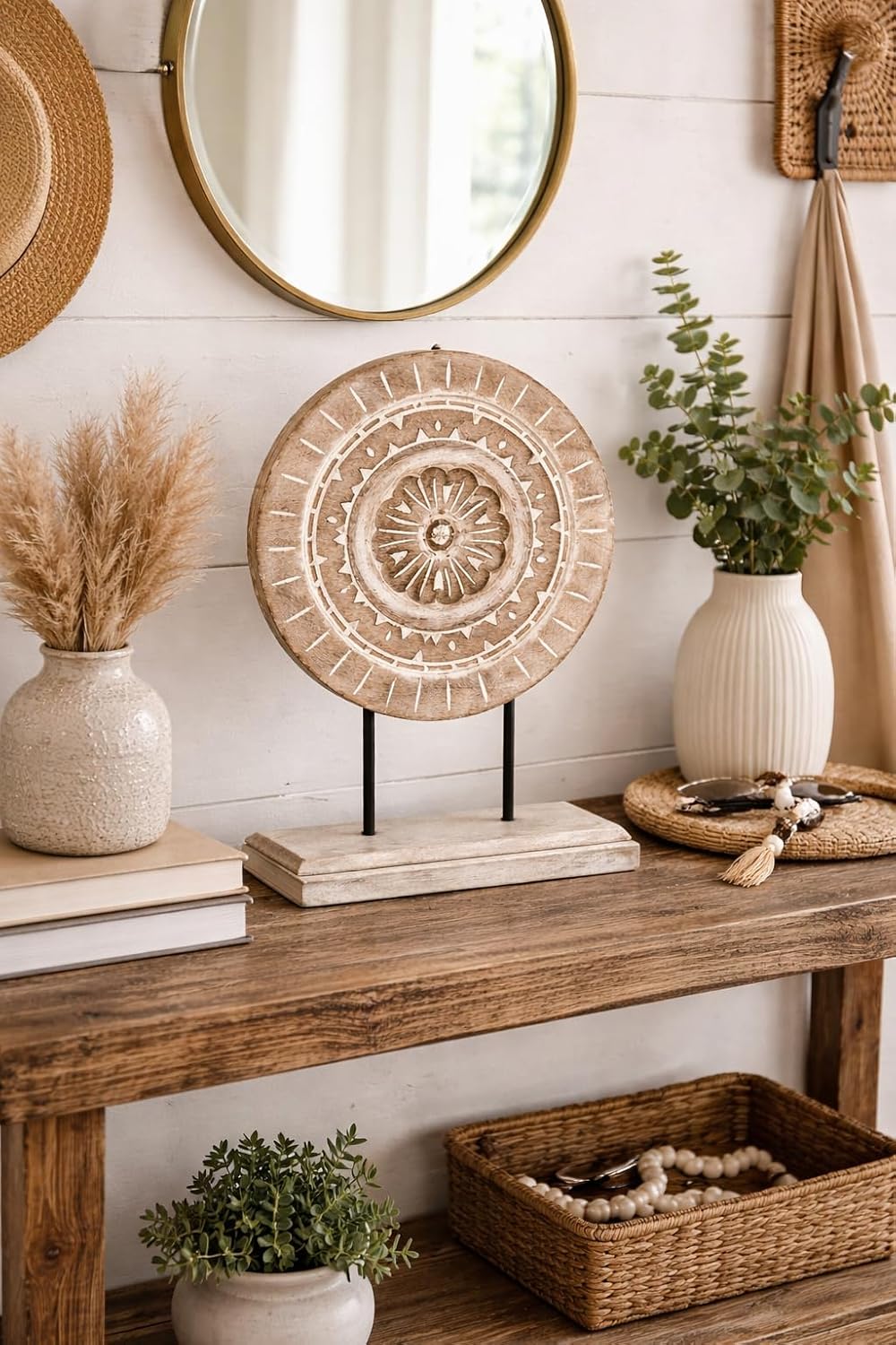 Farmhouse Table Sculpture Home Decor Statue Mandala Carved for Modern Home 10" x 14", Living Room, Fireplace Mantel Shelf, Table and Entryway Decor Stand (Design 2)